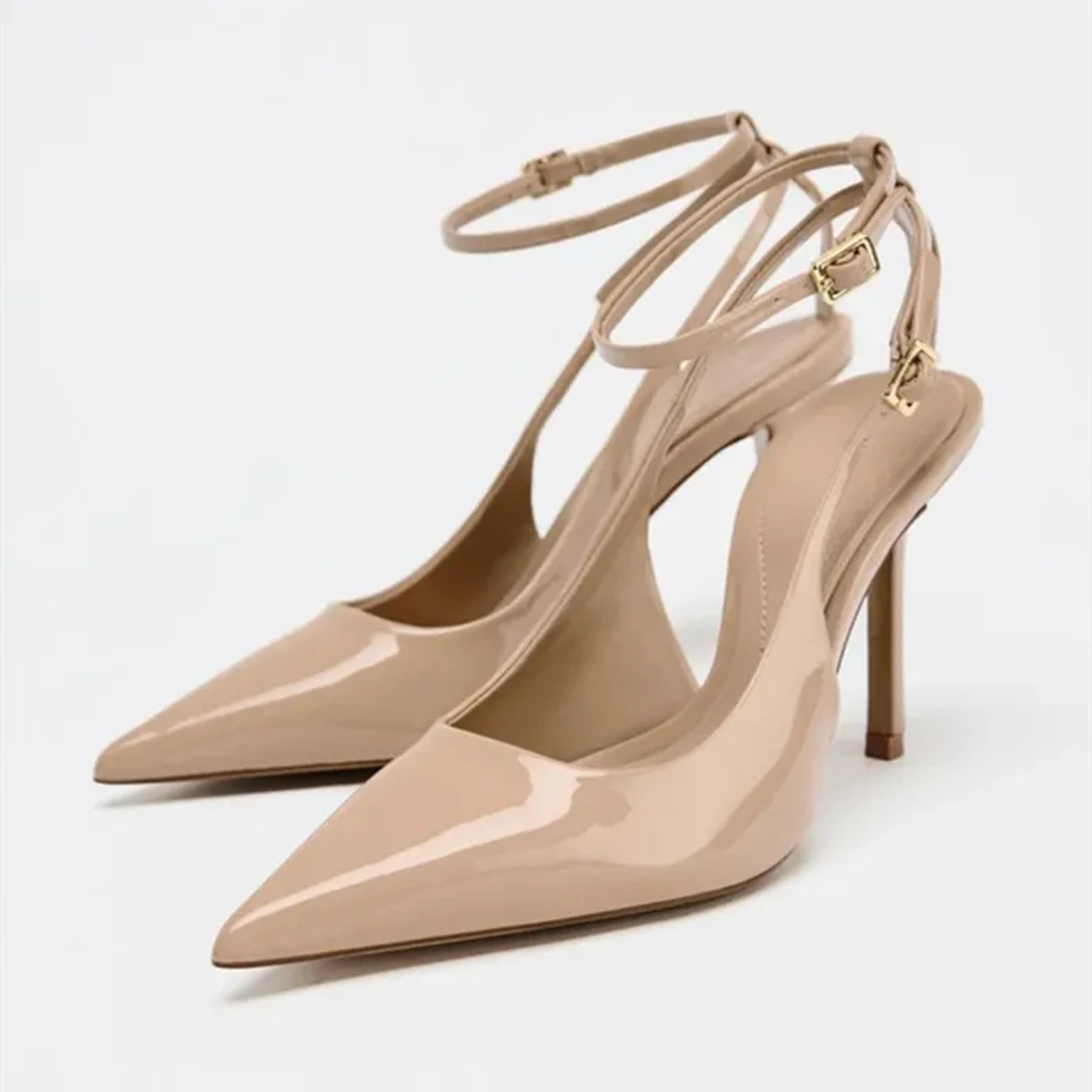 sexy nude patent leather ankle strap buckle women pumps, pointed toe stiletto heels sandal for party & evening wear