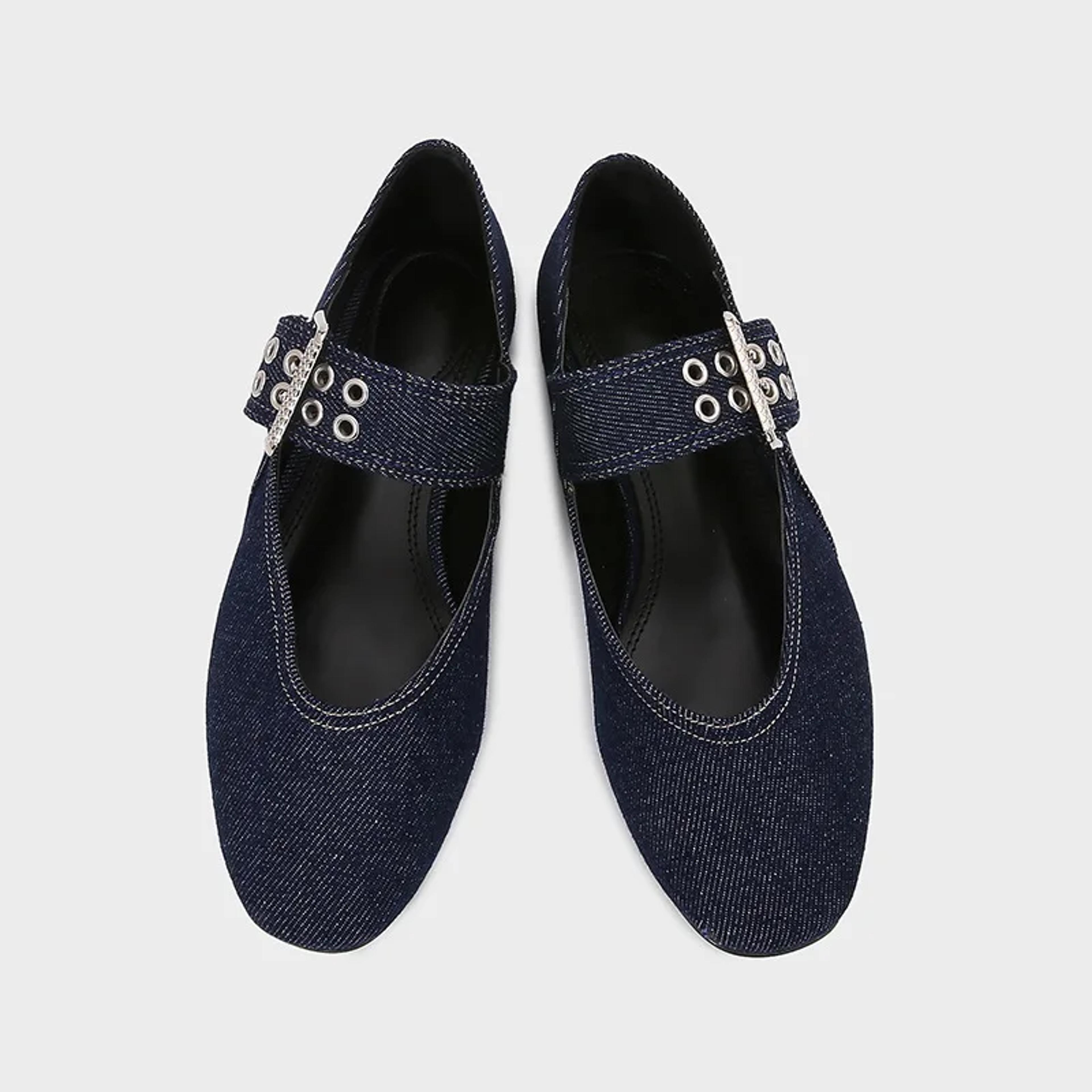 womens denim blue ballet flats, lightweight designer mary jane shoes with metal buckle strap, casual fashion flats