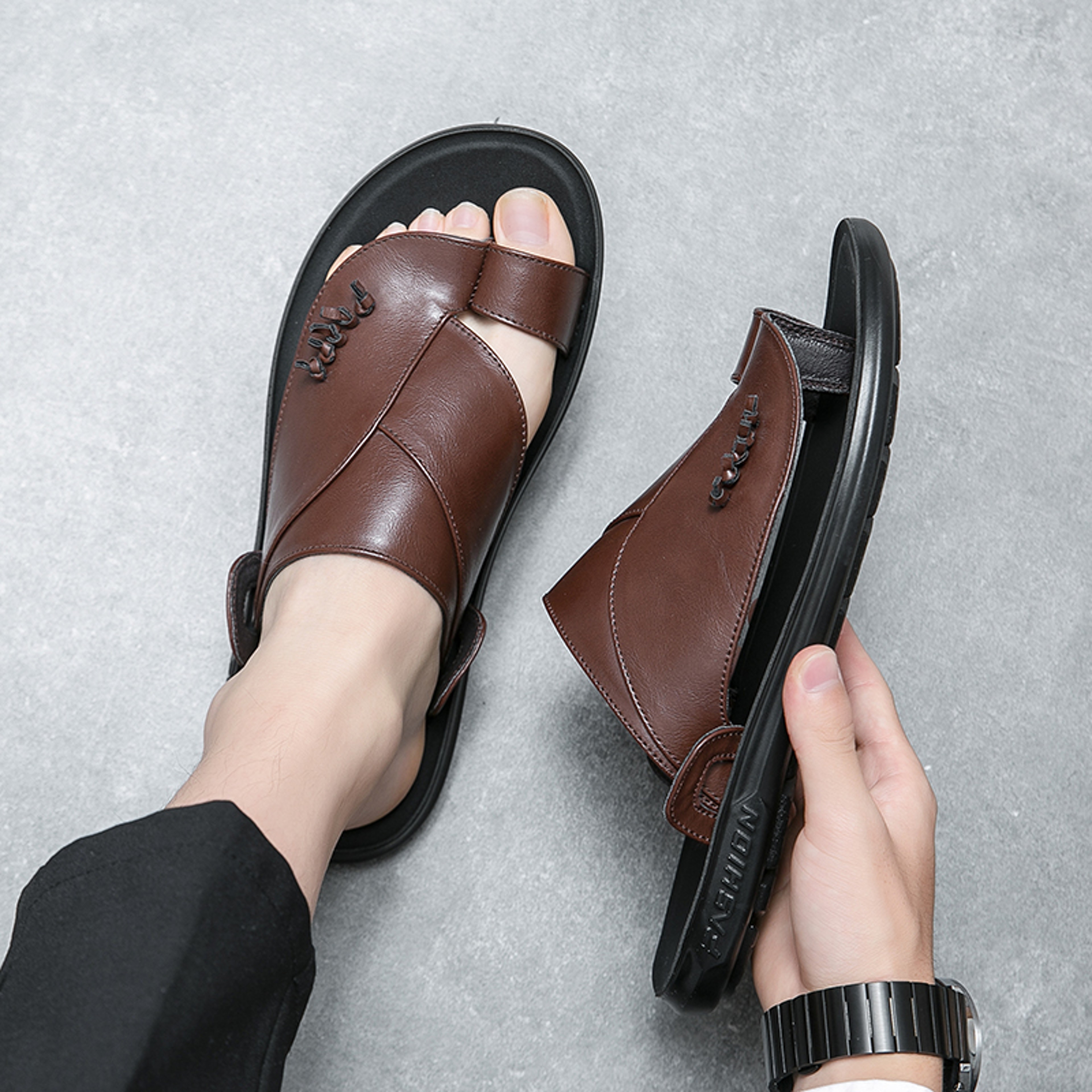 mens leather dress sandals Mens Leather Closed Toe Sandals With Adjustable Straps SGAN