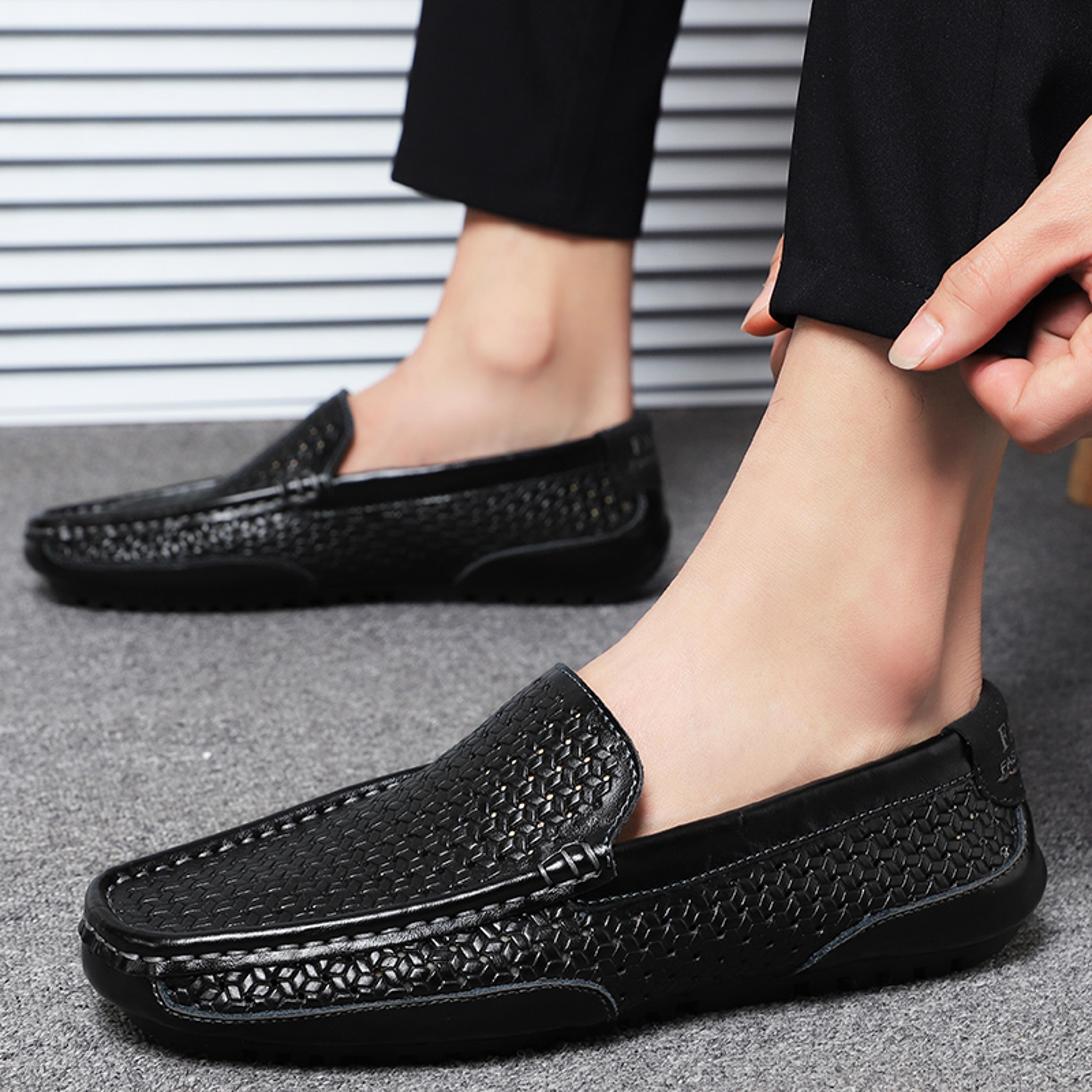 luxury italian designer mens loafers, soft genuine leather casual moccasins, breathable slip-on boat shoes for summer