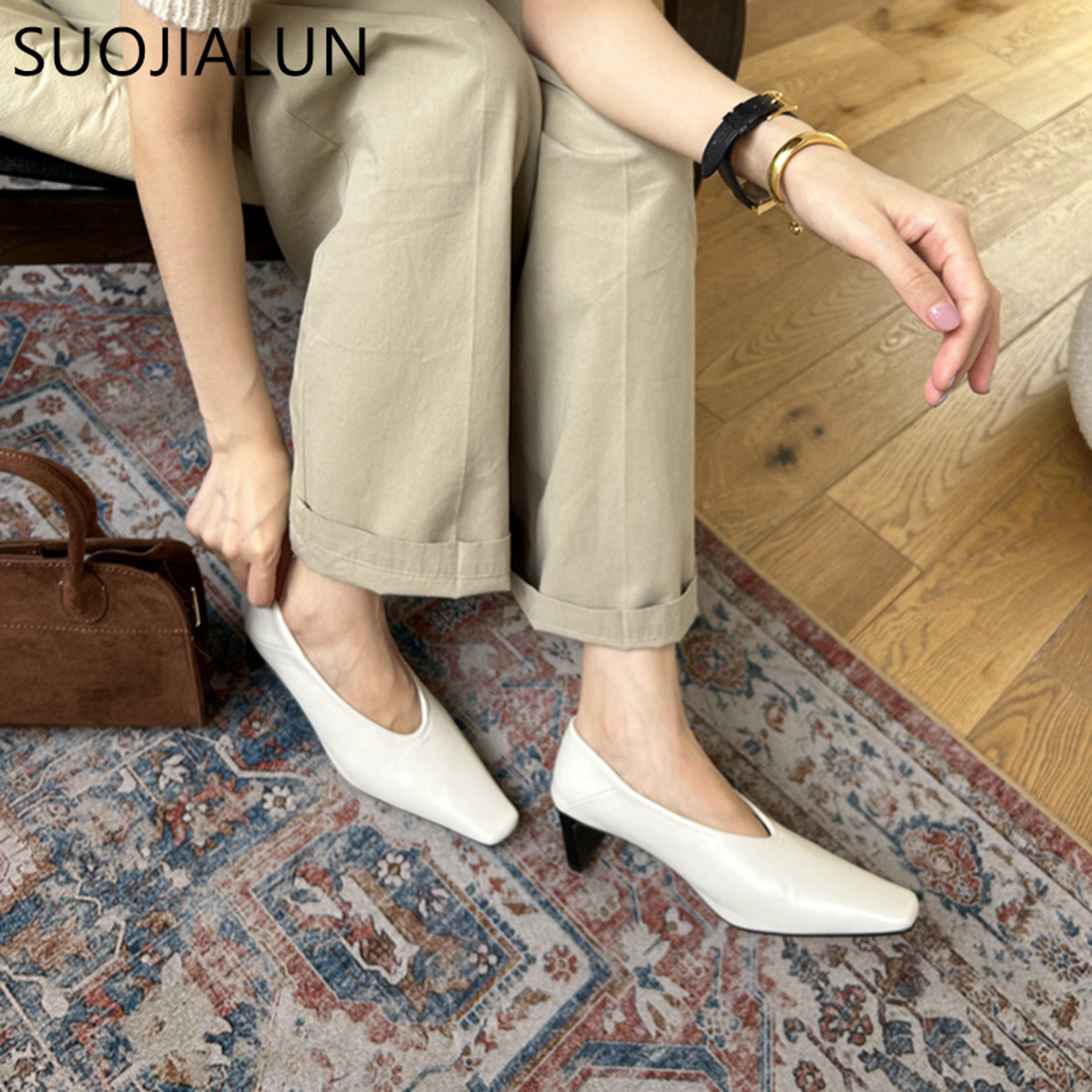 elegant autumn women pumps shoes, stylish shallow slip on square high heel single shoes for ladies dress and office out