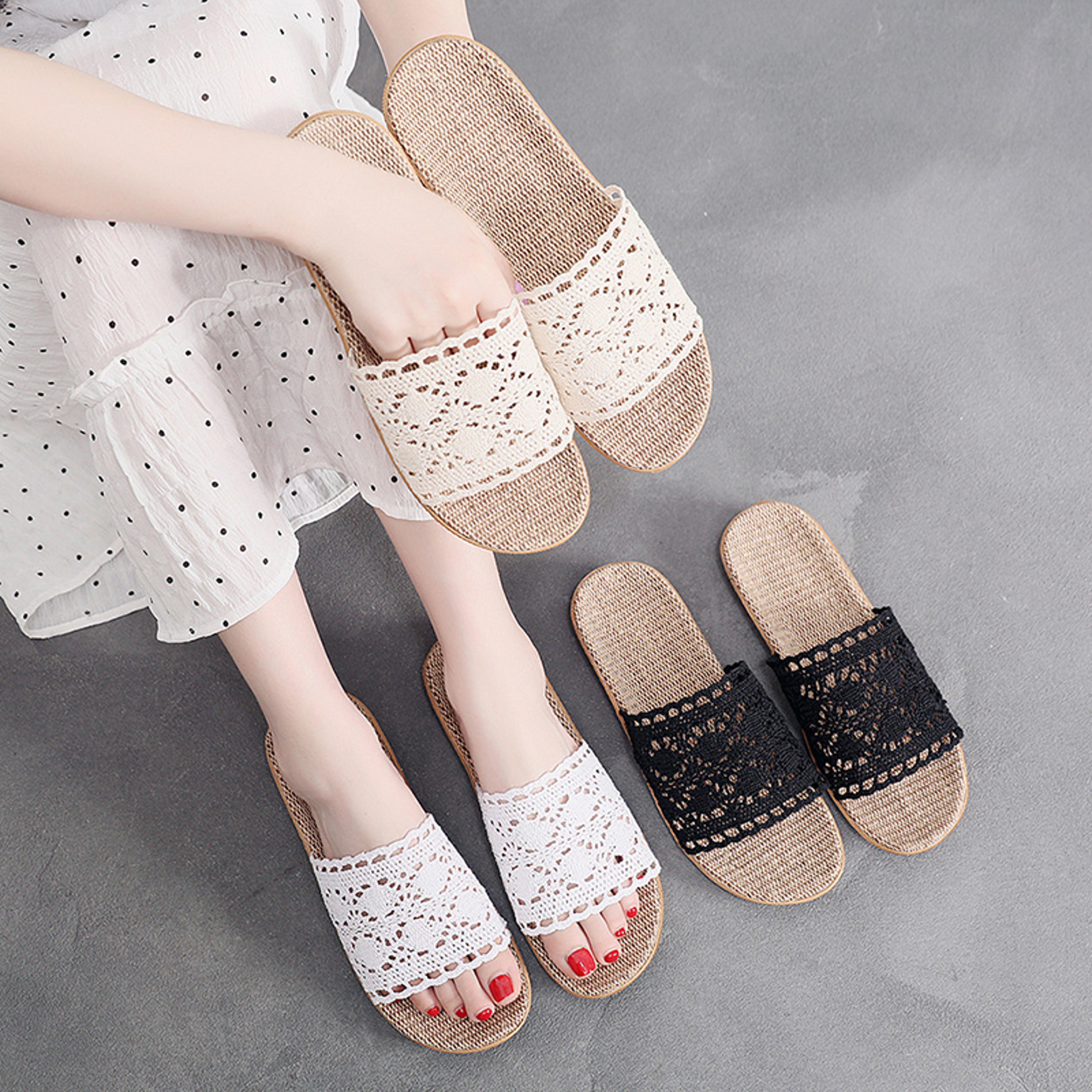 elegant lace casual slippers for women, flat hemp home designer shoes for ladies, spring & summer indoor fashion