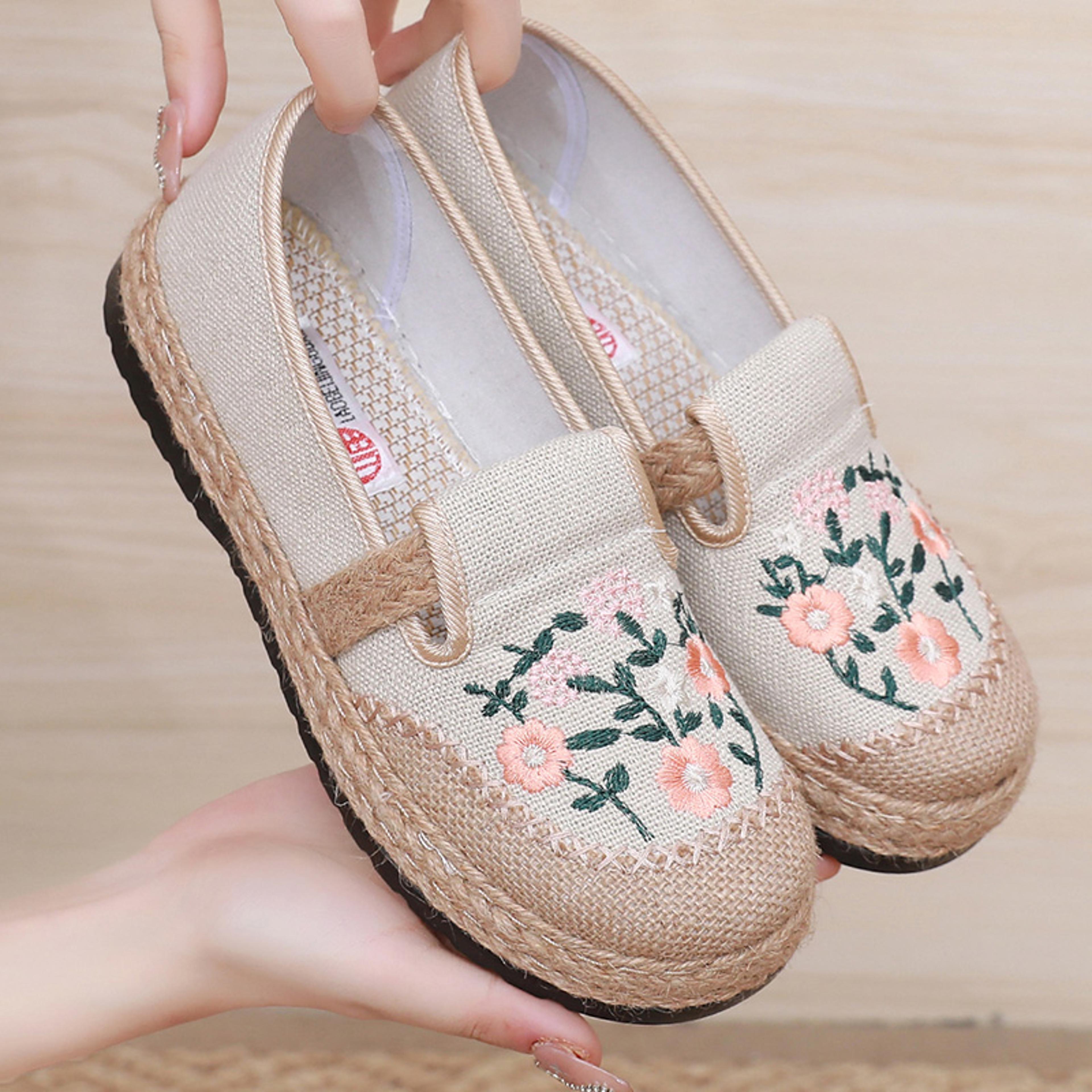 summer breathable embroidered womens casual canvas shoes, comfortable flat shoes for daily walking