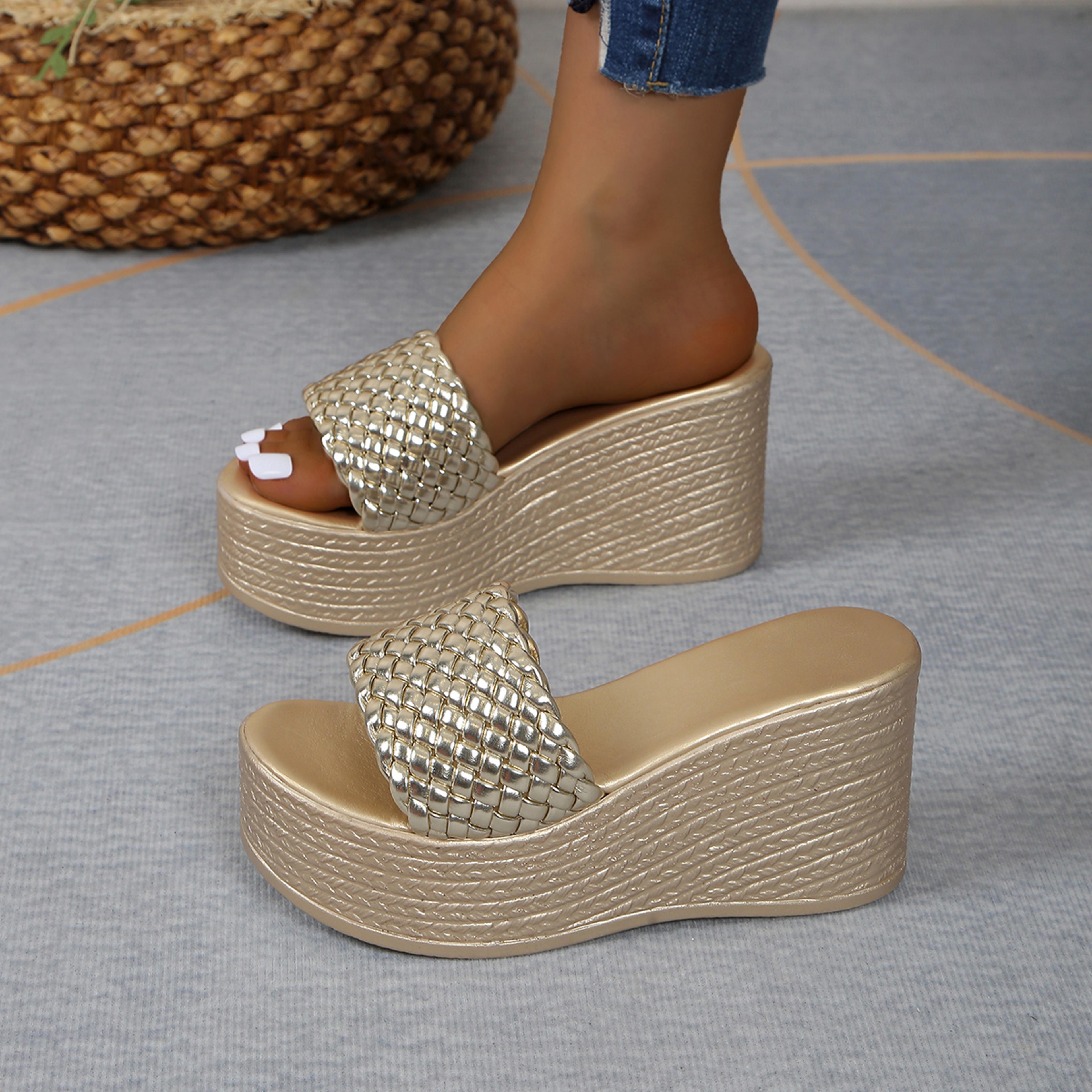 wedges slippers for women, summer platform sandals with chunky golden round head and thick sole comfort