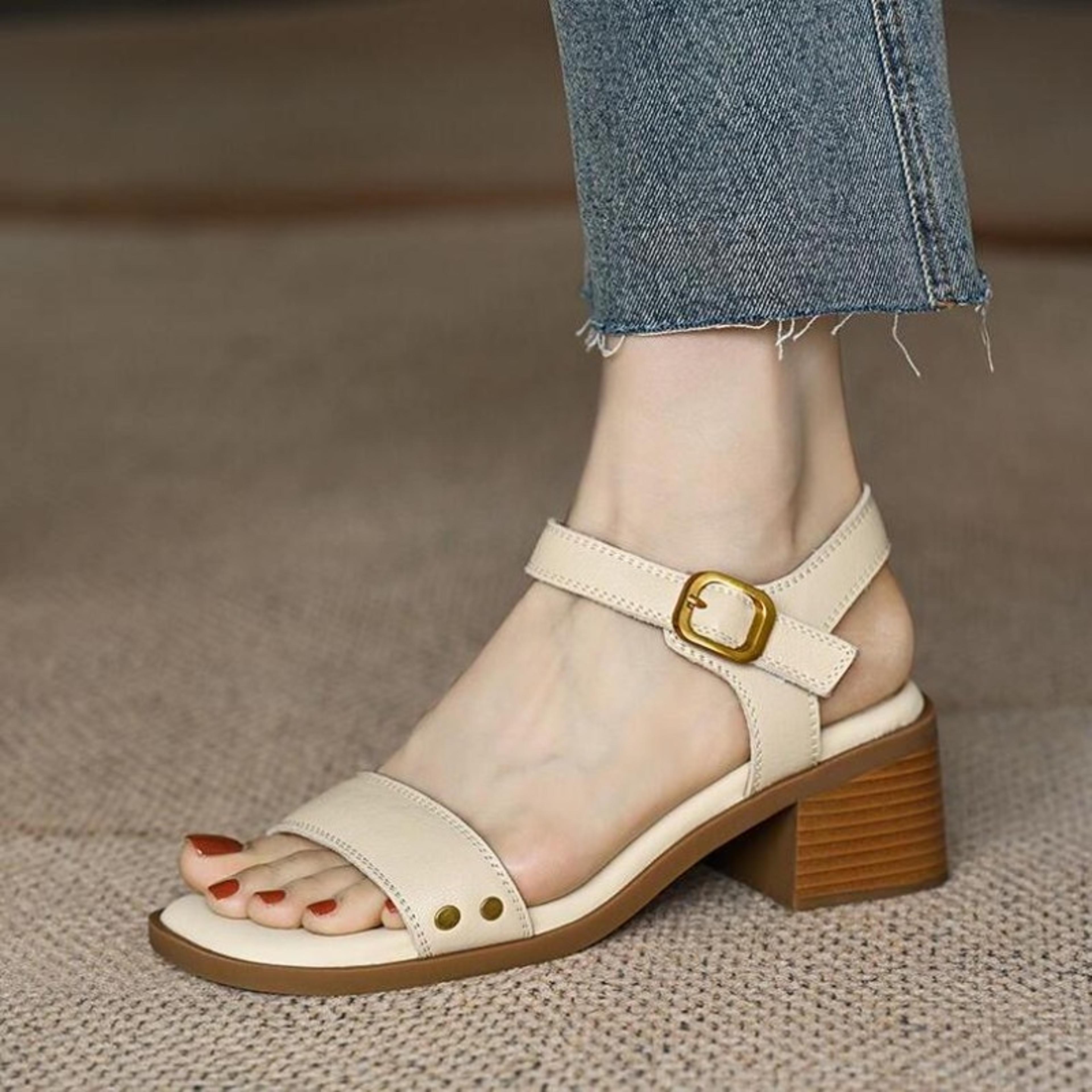 vintage brown women sandals, soft leather, thick heel, cross strap, summer mary jane high heels