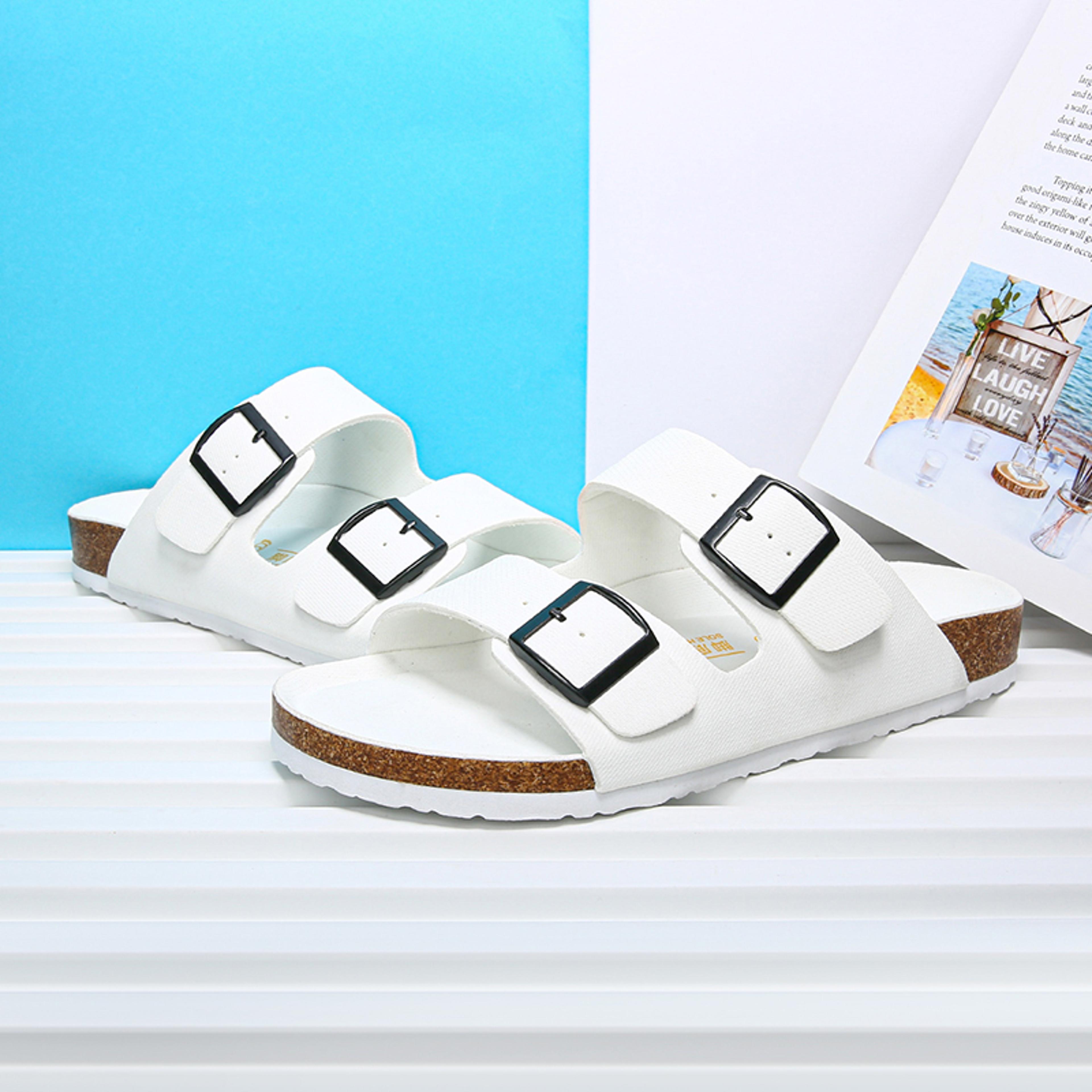 summer beach slip on flats, casual cork slippers, double buckle clogs, non-slip soft sole shoes for men