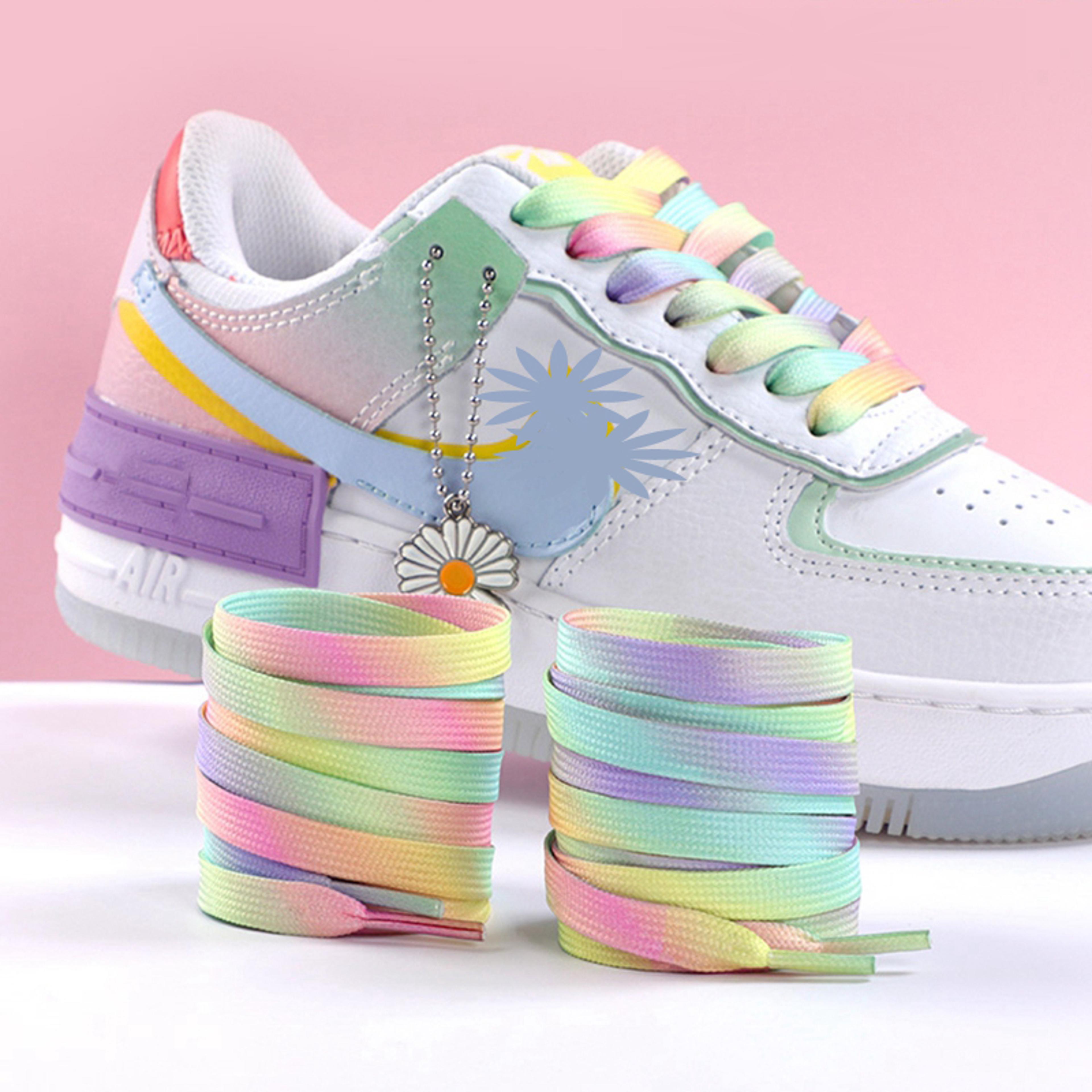 rainbow color flat shoelaces, colorful gradient shoe laces, casual canvas shoes, trendy printed shoelace design