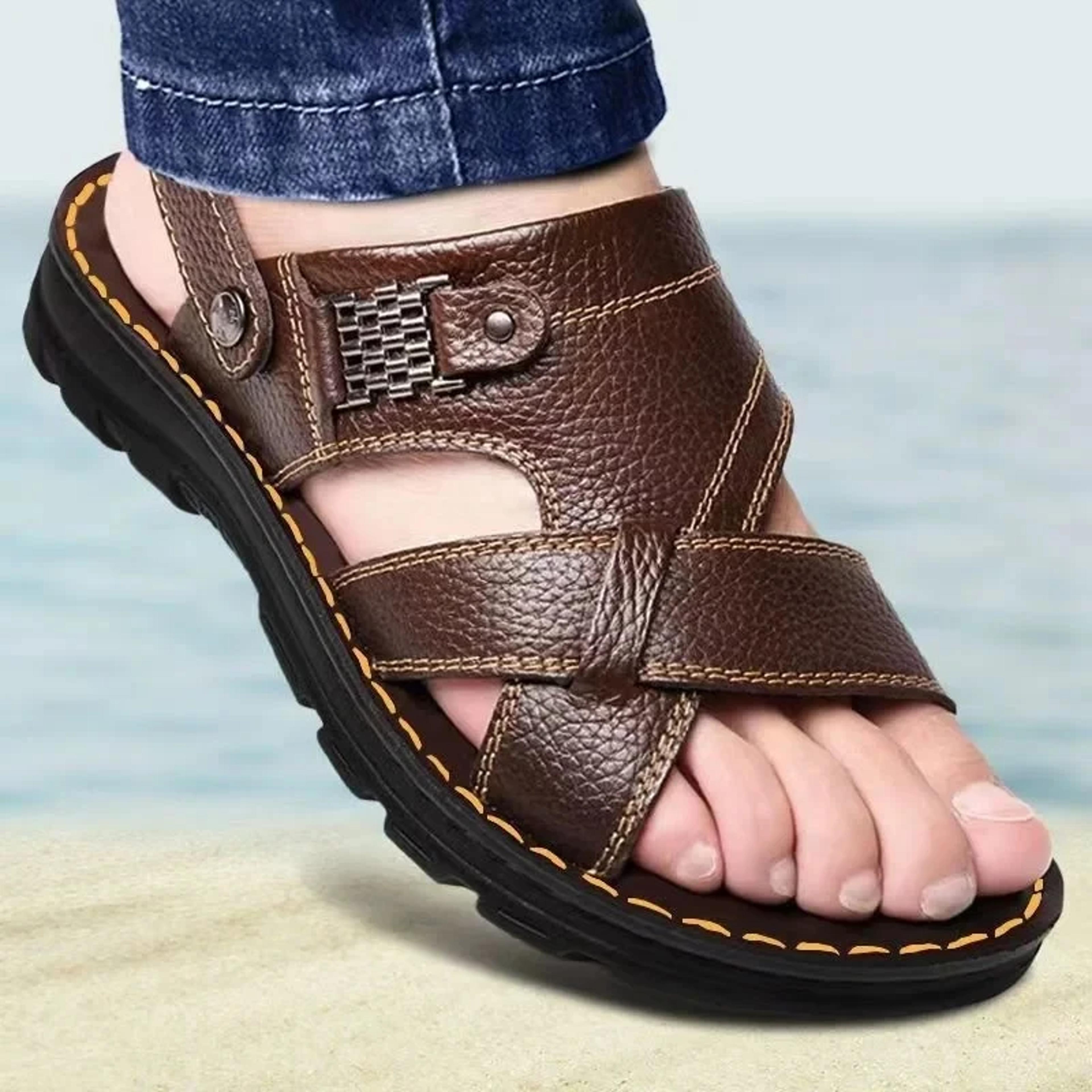 comfortable mens leather sandals, soft thick sole, non slip summer outdoor beach shoes