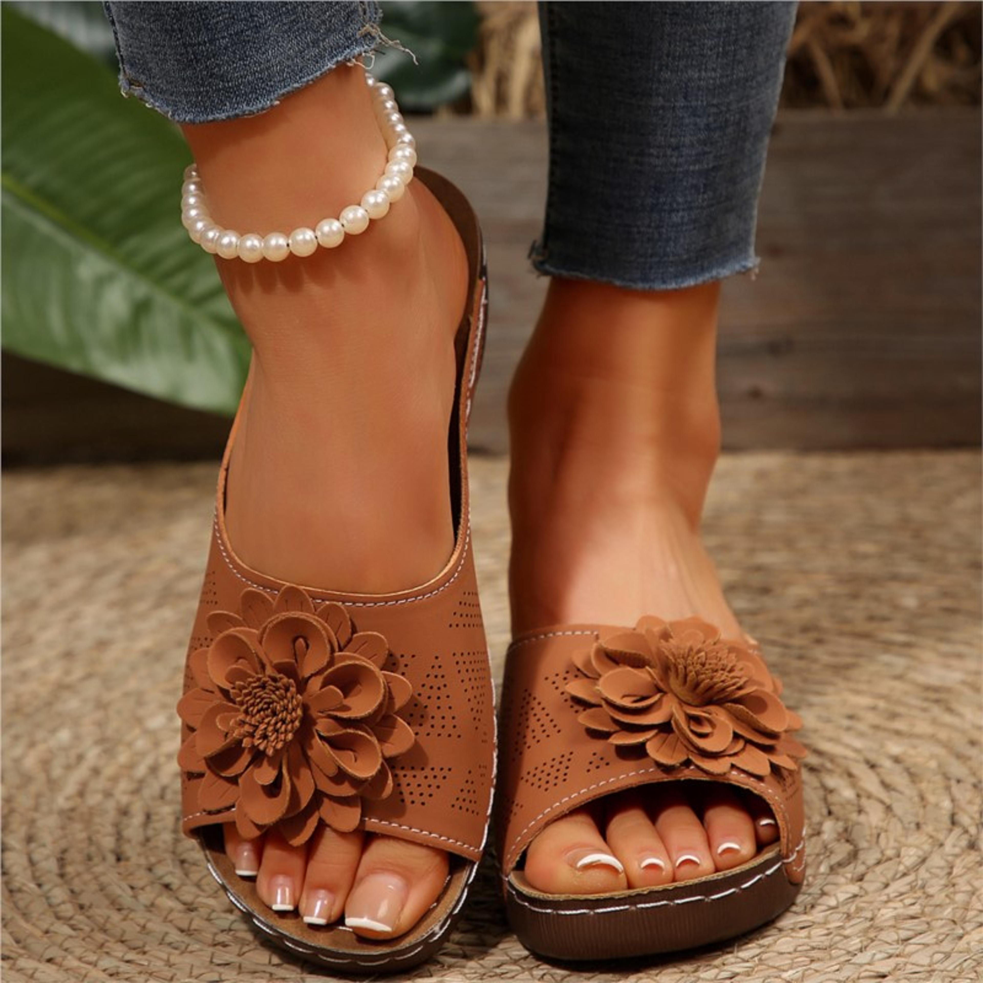 fashion wedge flower sandals, women slip on, elegant outdoor ladies shoes, stylish female footwear