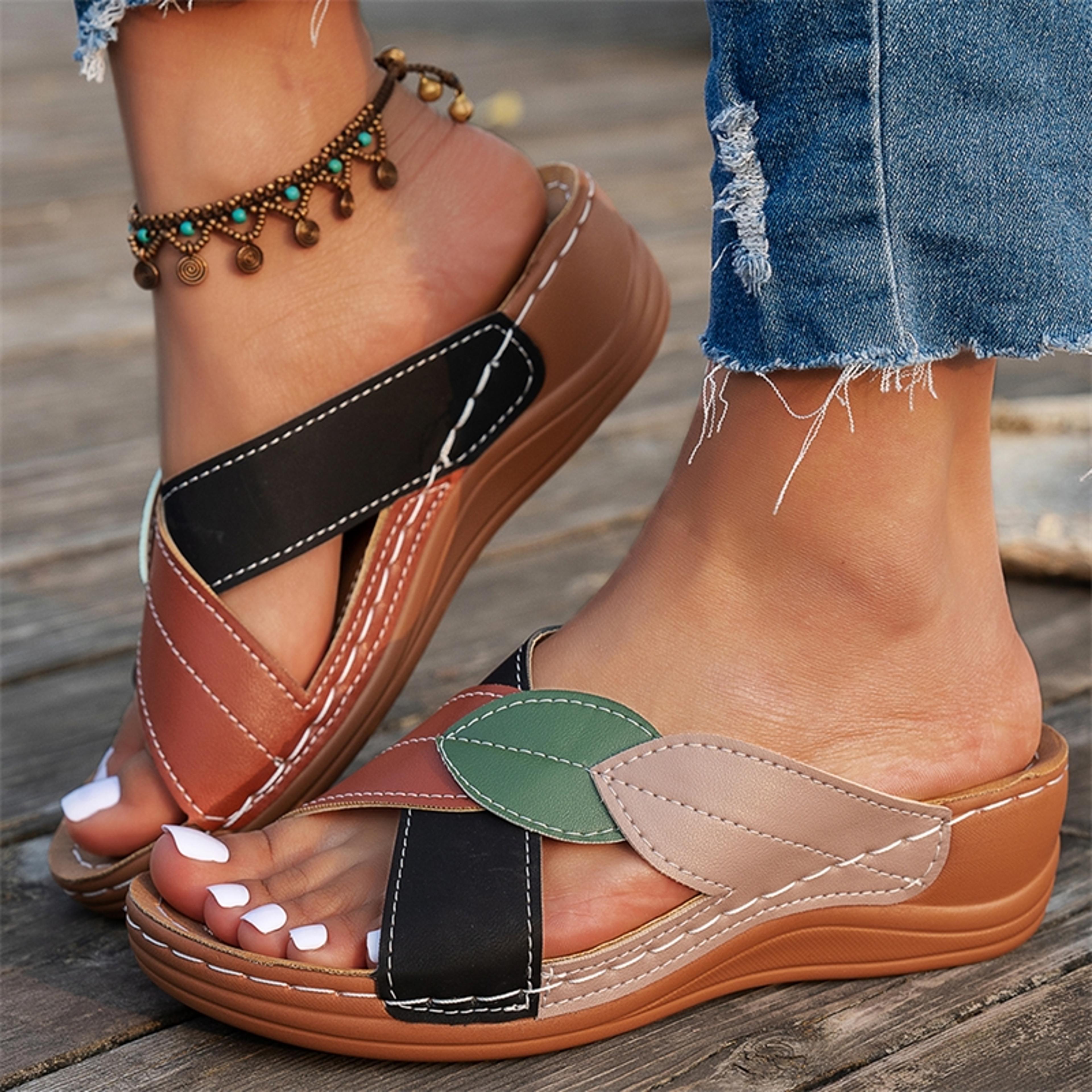 womens wedge sandals, summer huaraches, retro ladies slide shoes, casual female footwear