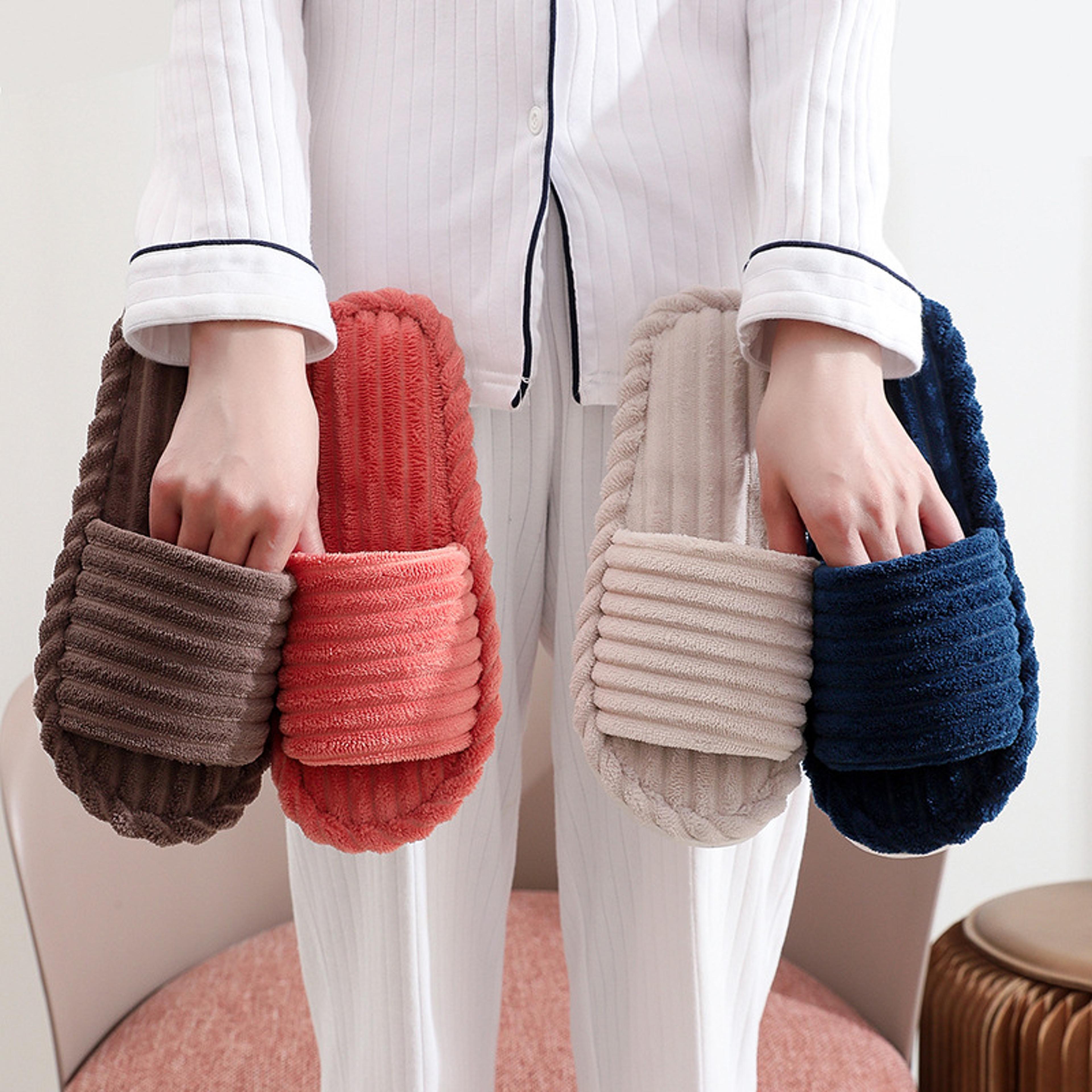womens slippers indoor, open toe fuzzy slides for women, corduroy warm memory foam house shoes, soft anti-skid