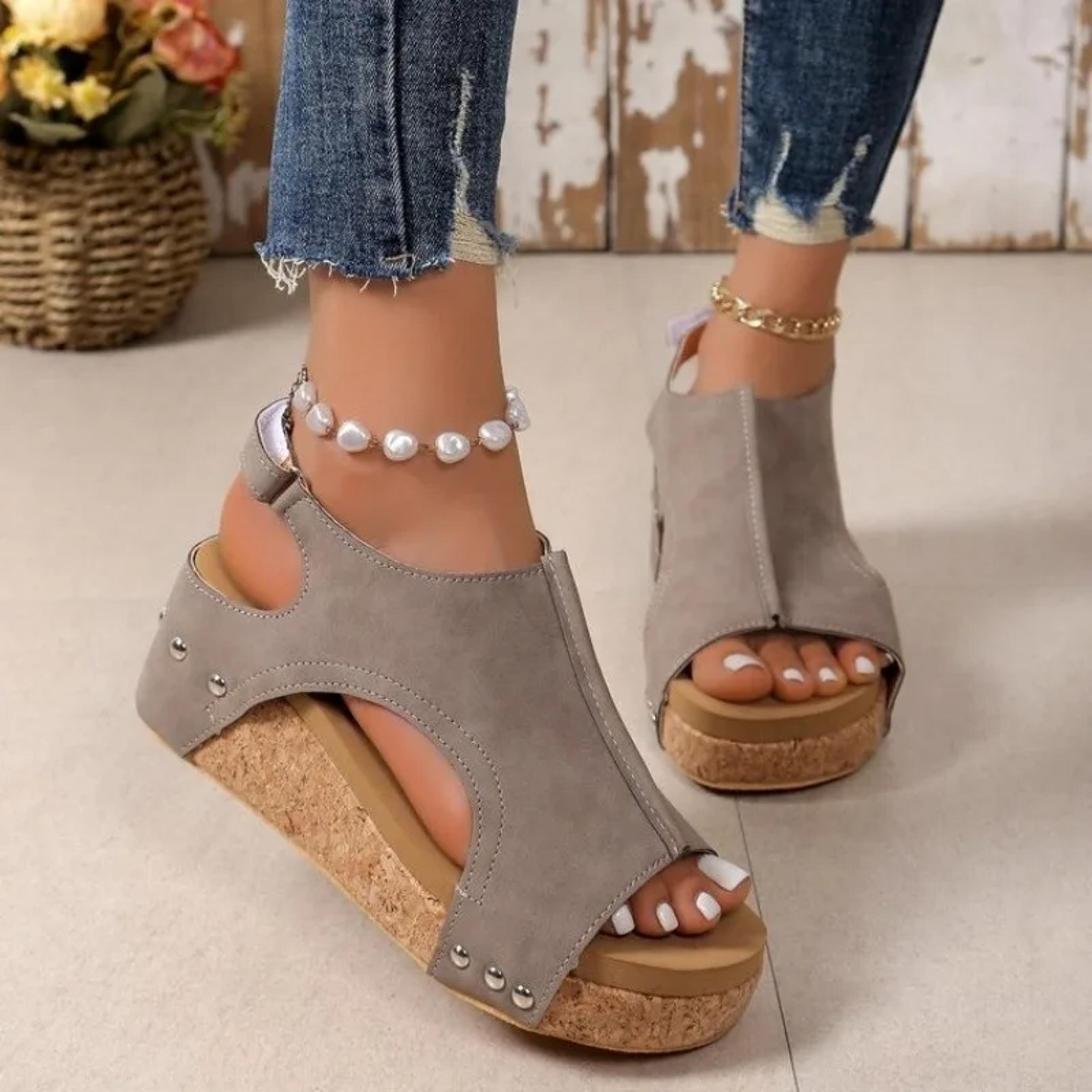 womens casual shoes, summer peep toe wedge sandals, fashion solid color flat high heels