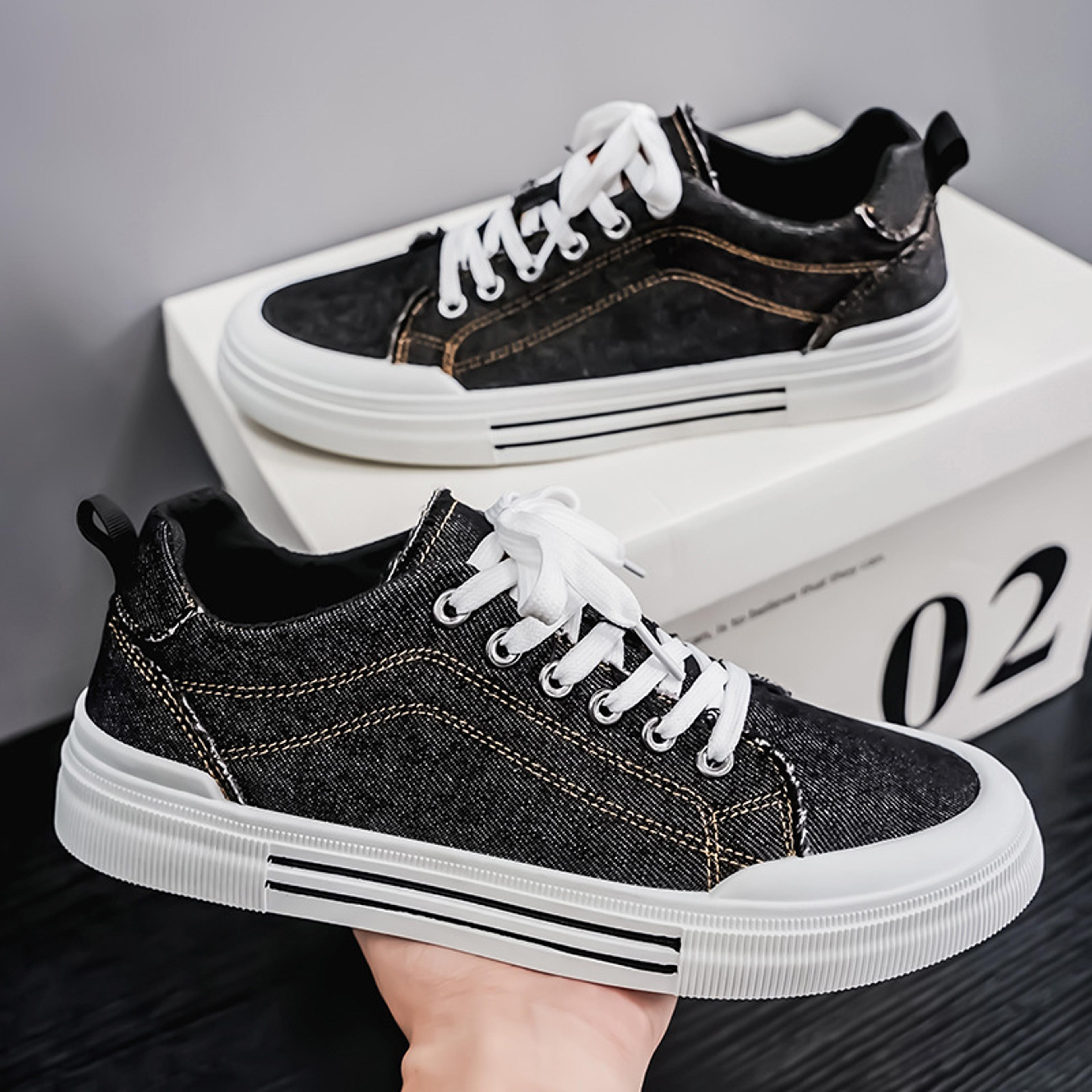 mens fashion denim sneakers new streetwear shoes, canvas trainers hip-hop tied up runway boy sneakers
