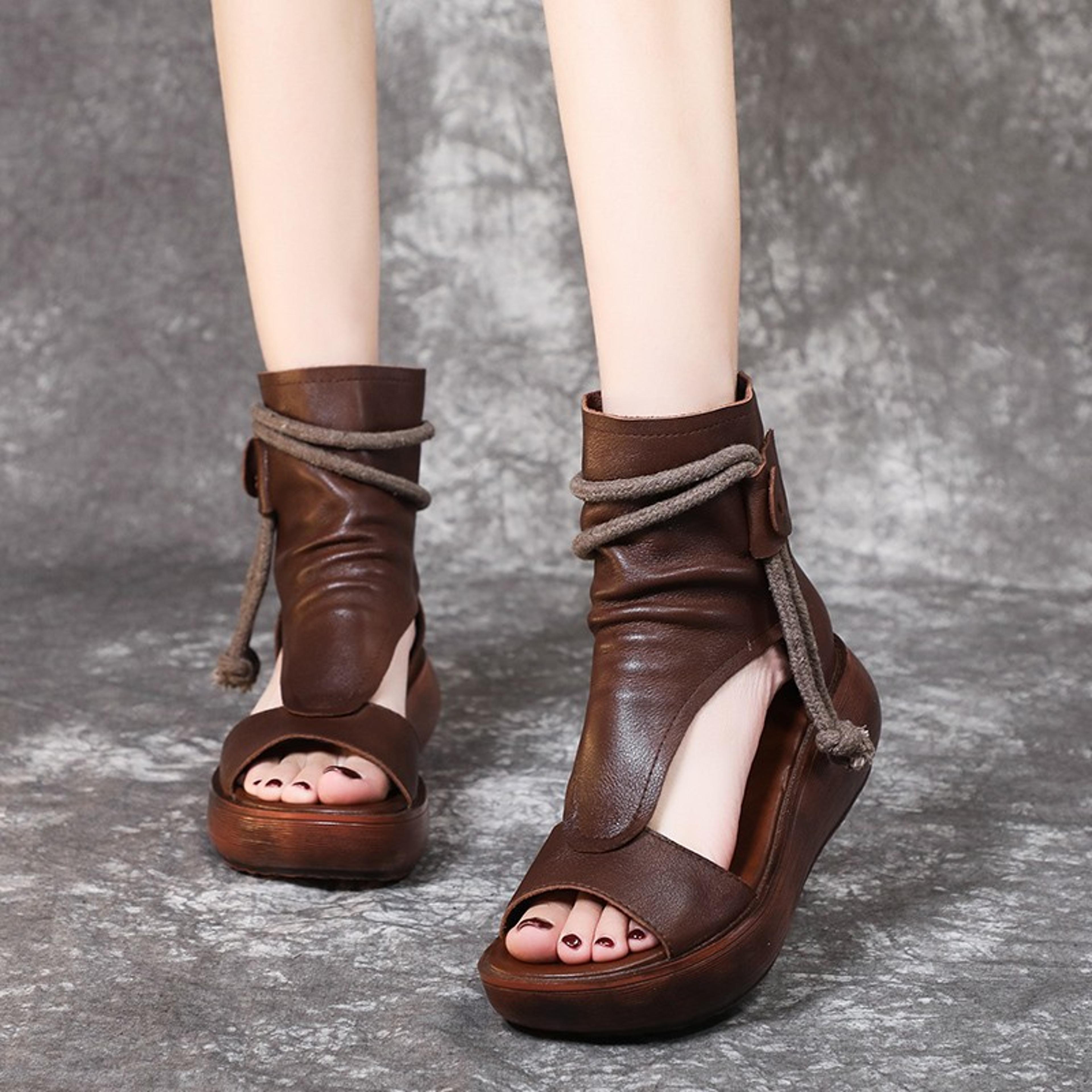 fashion leather women boots retro sandals breathable platform shoes mid heels women wedges