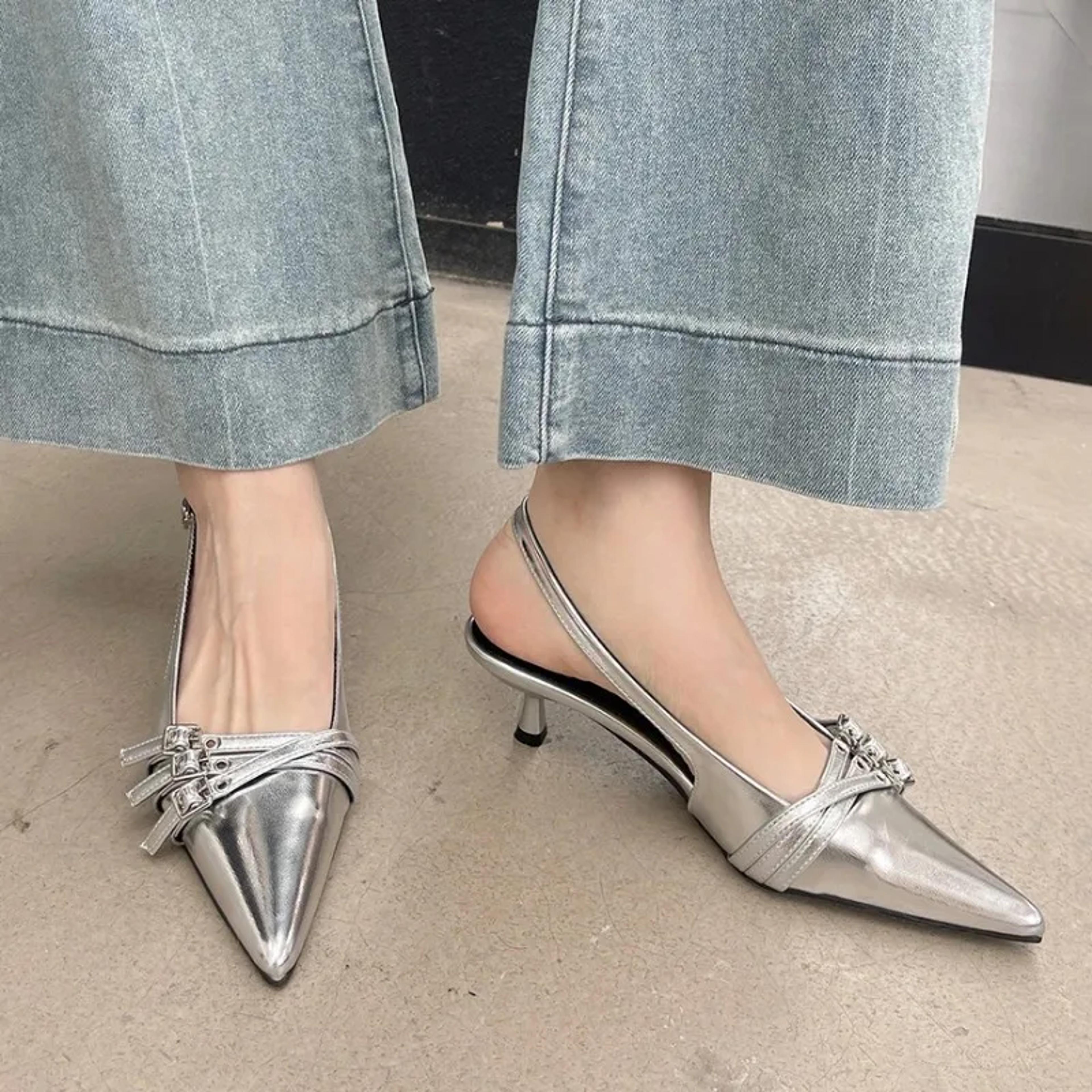 new arrivals pointed toe women sandals fashion elastic band thin mid heels red black silver dress shoes woman fashion