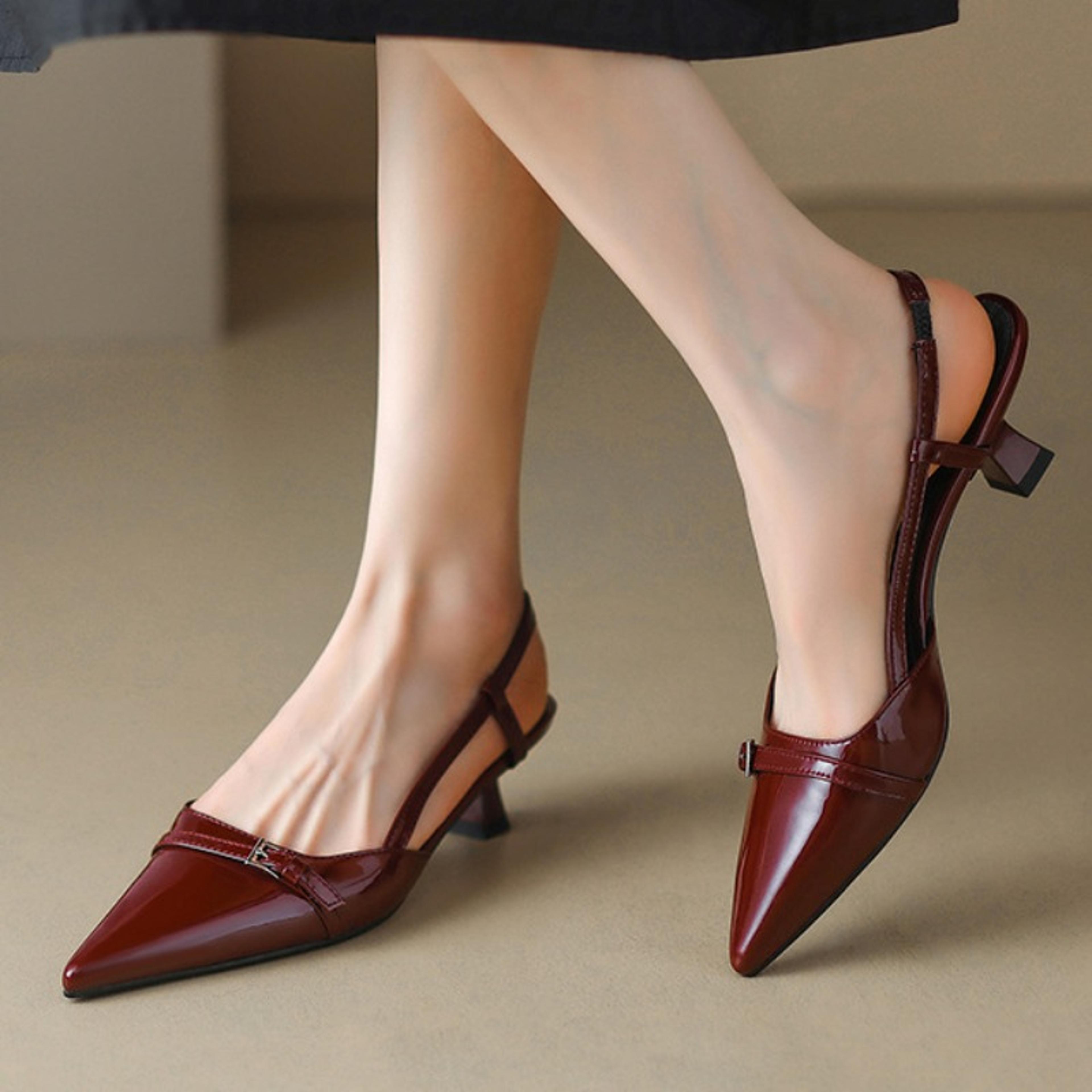 patent leather slip on pointed toe sandals new summer women's dress shoes buckle slingbacks mid heels pumps for stylish