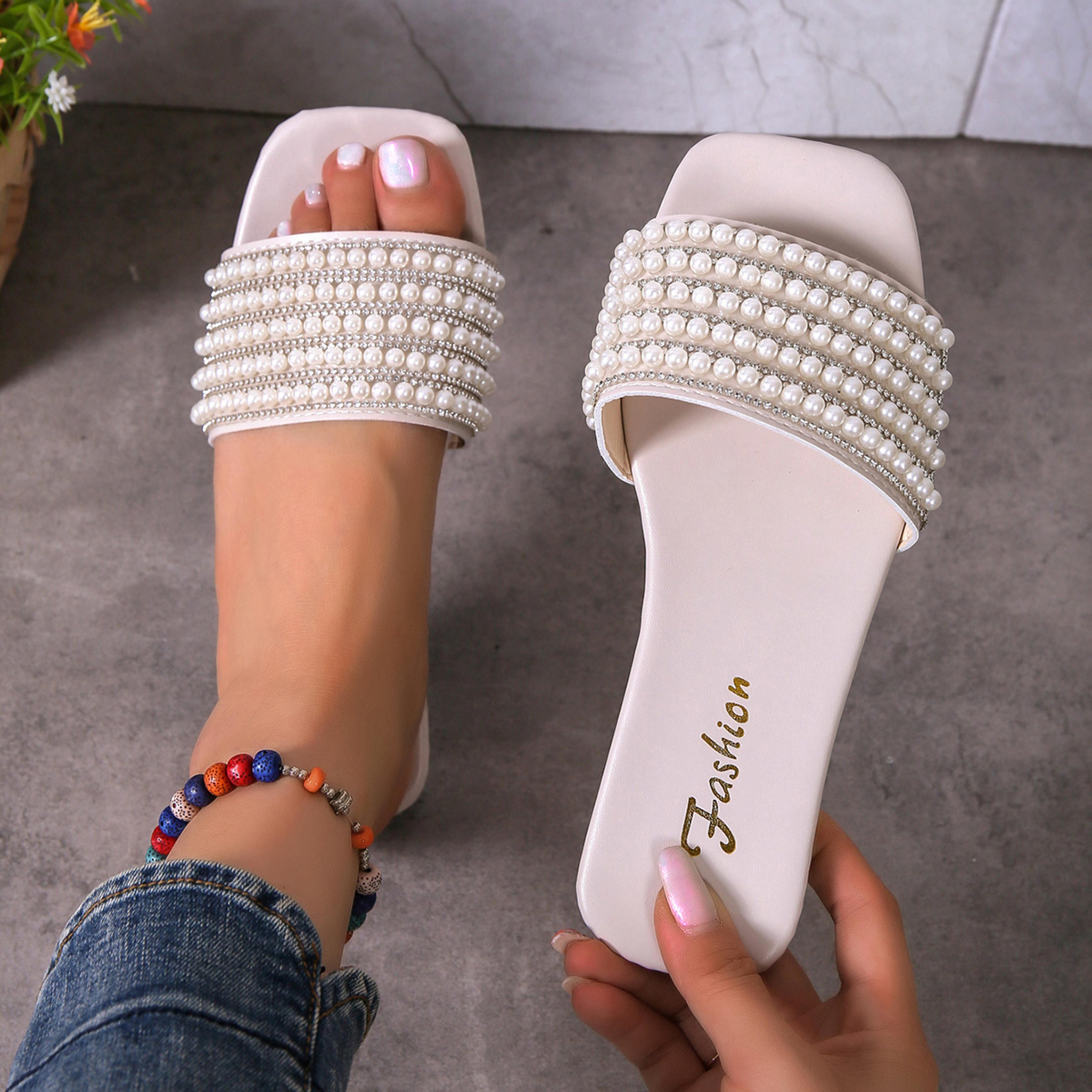 fashionable womens flat sandals with rhinestone and artificial pearl decoration slippers