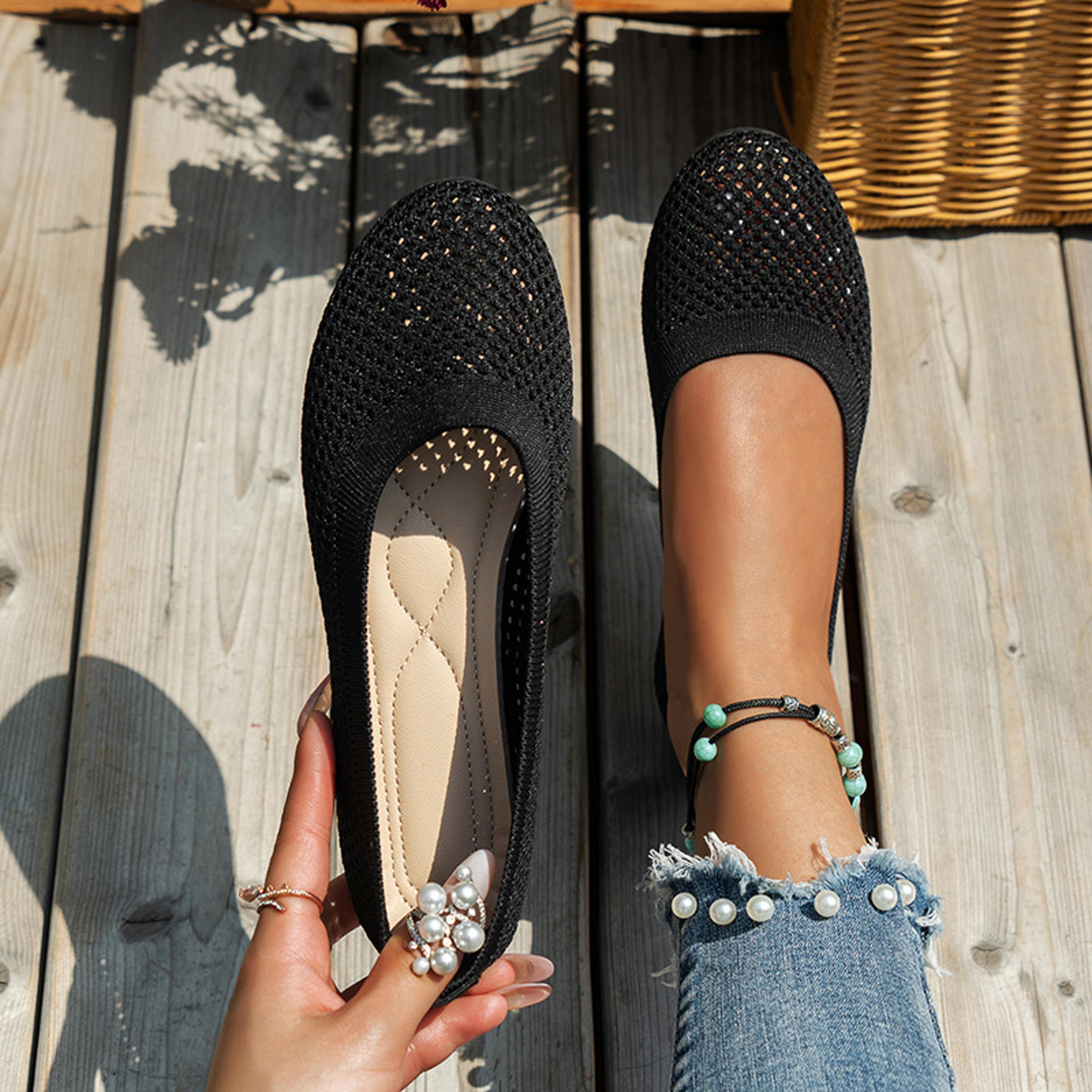 casual women round toe flats, breathable solid color ballet flats, knitted slip on loafers for women