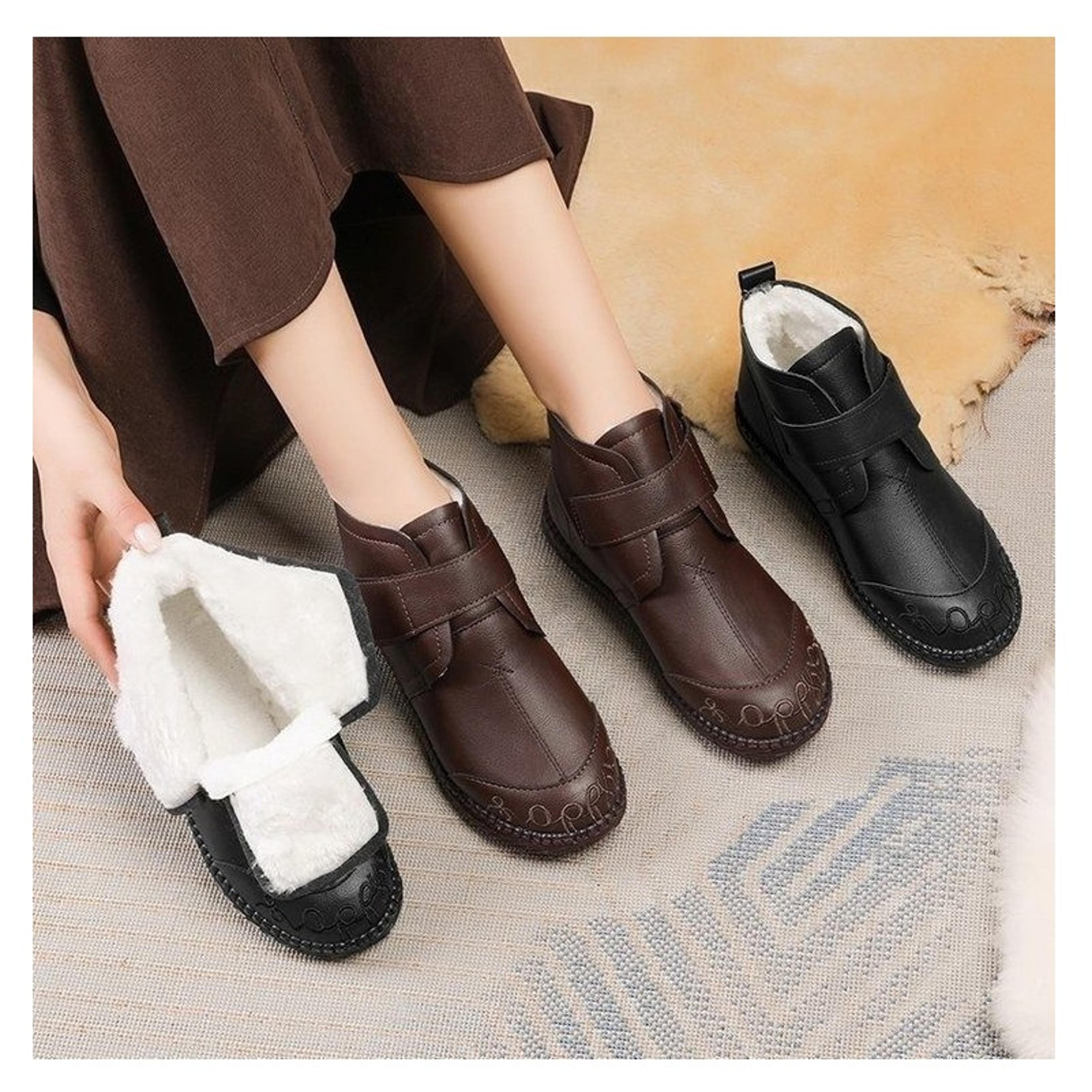 womens waterproof snow boot new winter faux fur leather ankle boots hook loop embroidered furry shoes cheap booties