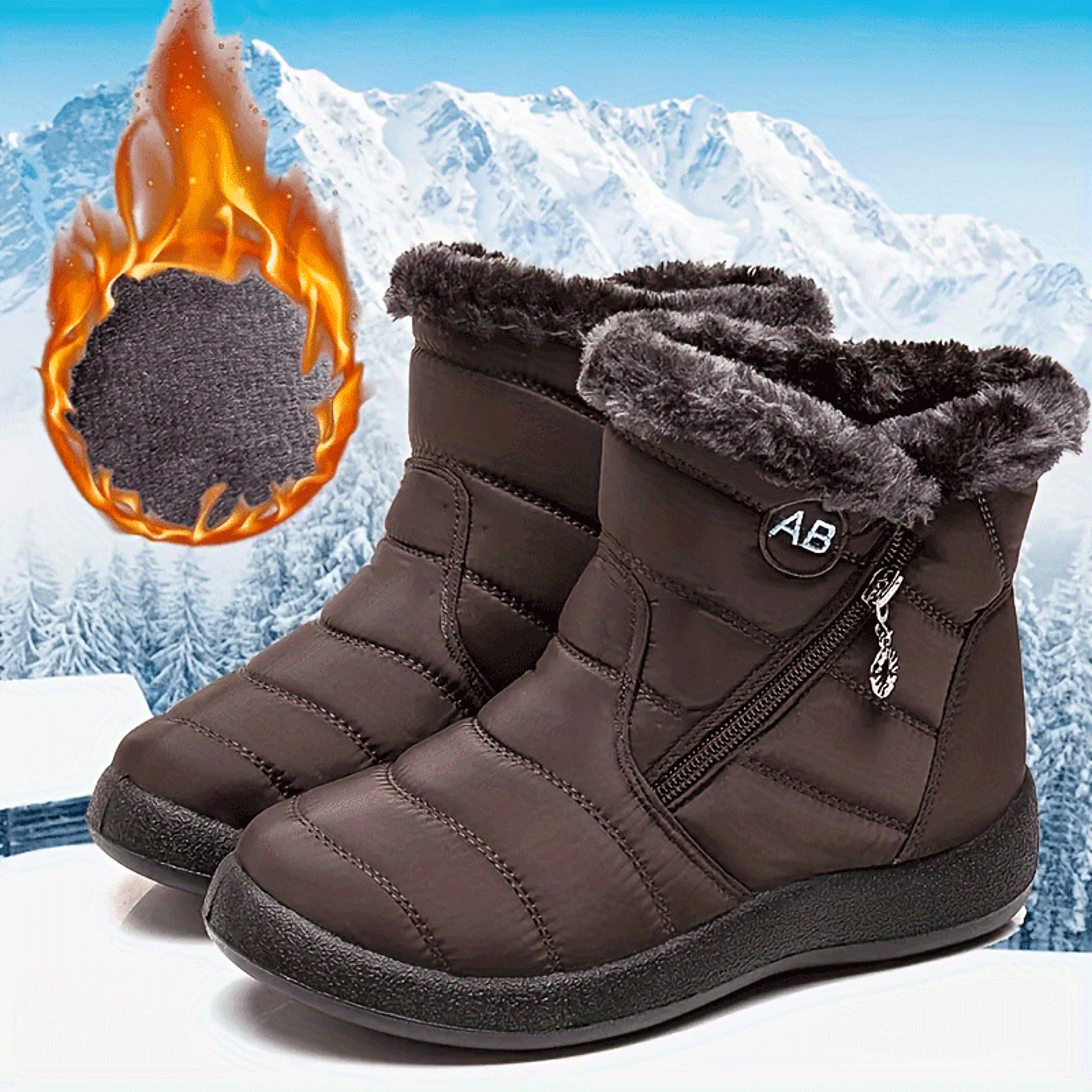 mid-calf waterproof cotton boots for women, casual sports shoes with outer zipper and plush interior