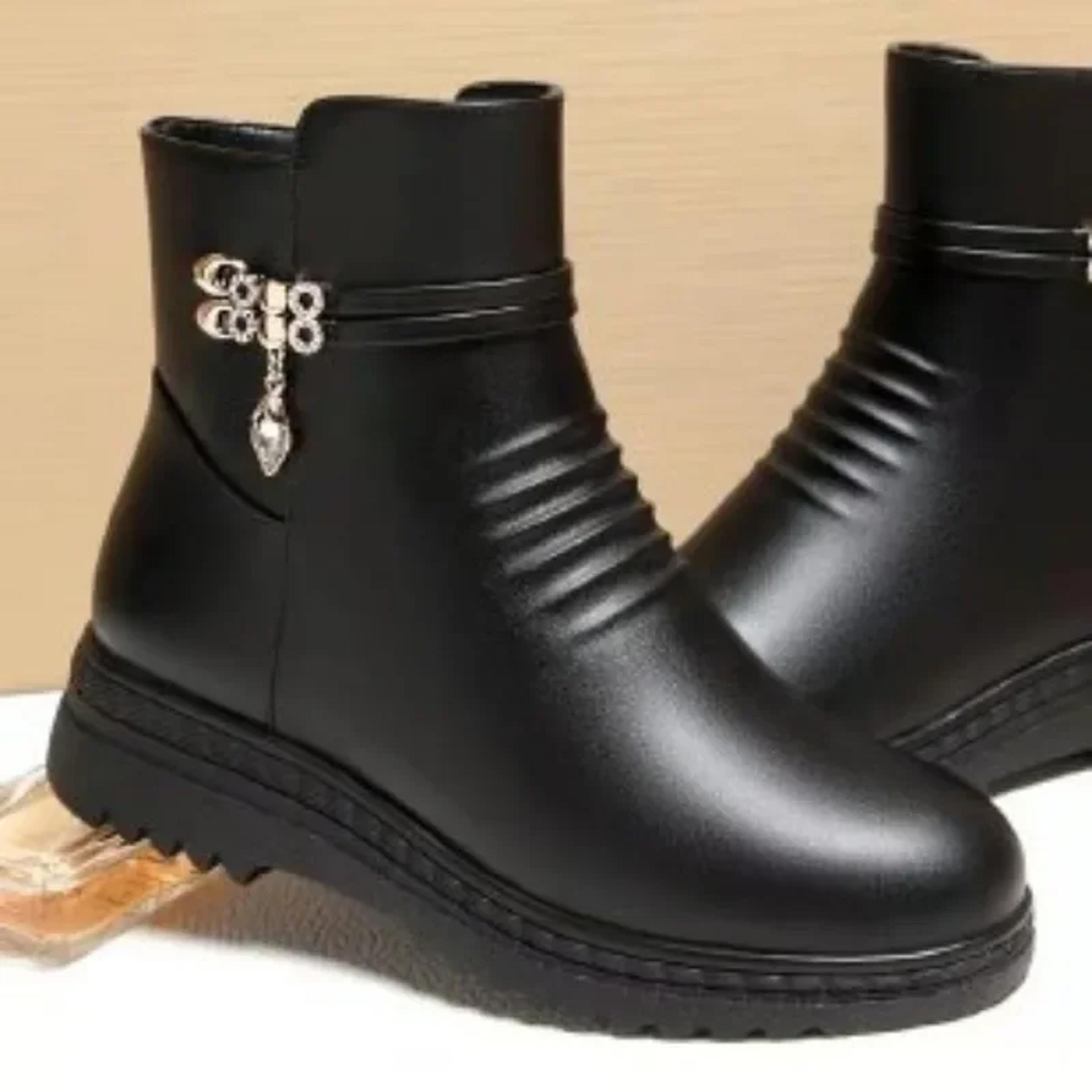 winter shoes women, solid black snow boots, furry ankle boots, metal classic womens winter boots, cozy footwear