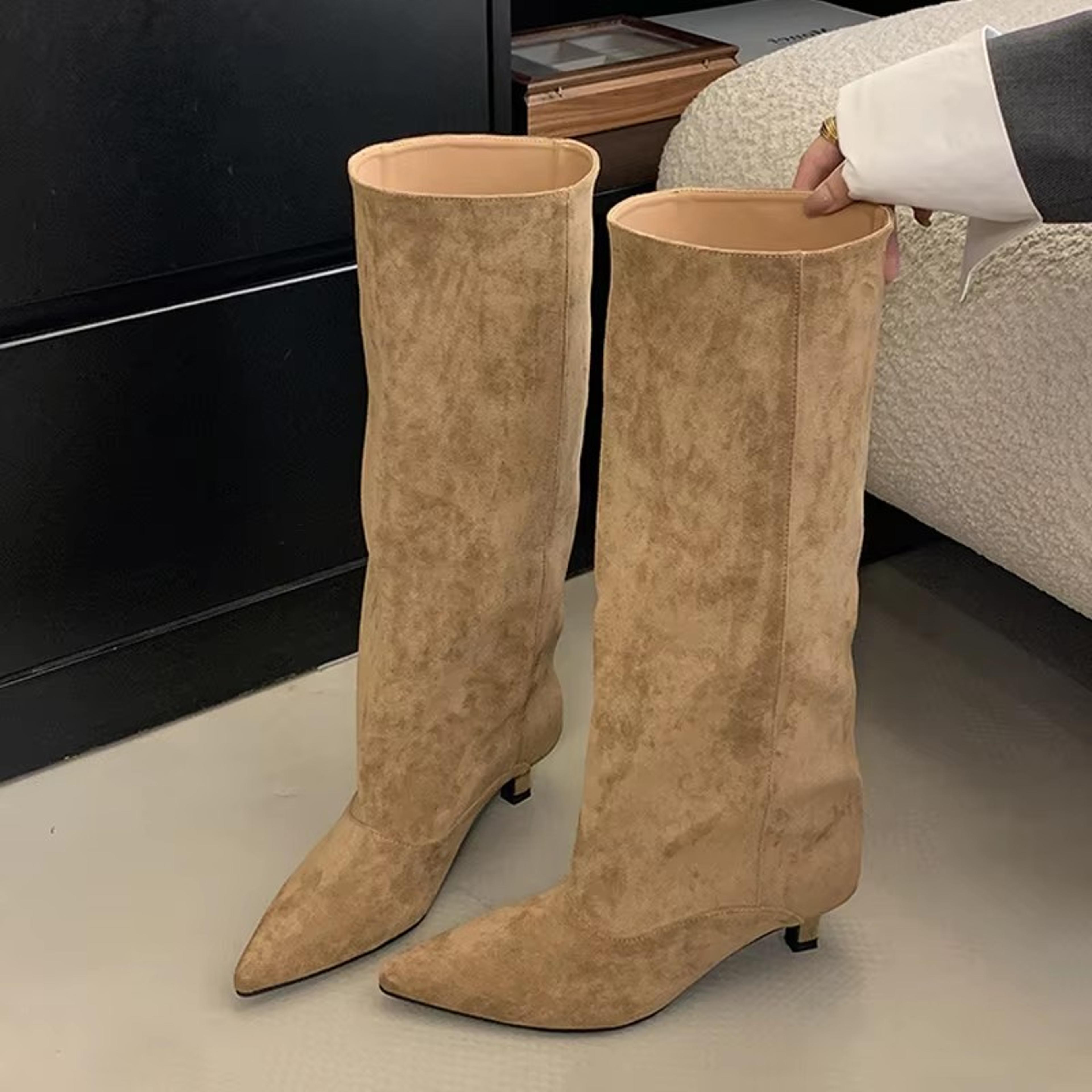 sexy women knee-high boots, autumn winter street style, pointed toe, thin low heels, cowboy ladies long shoes