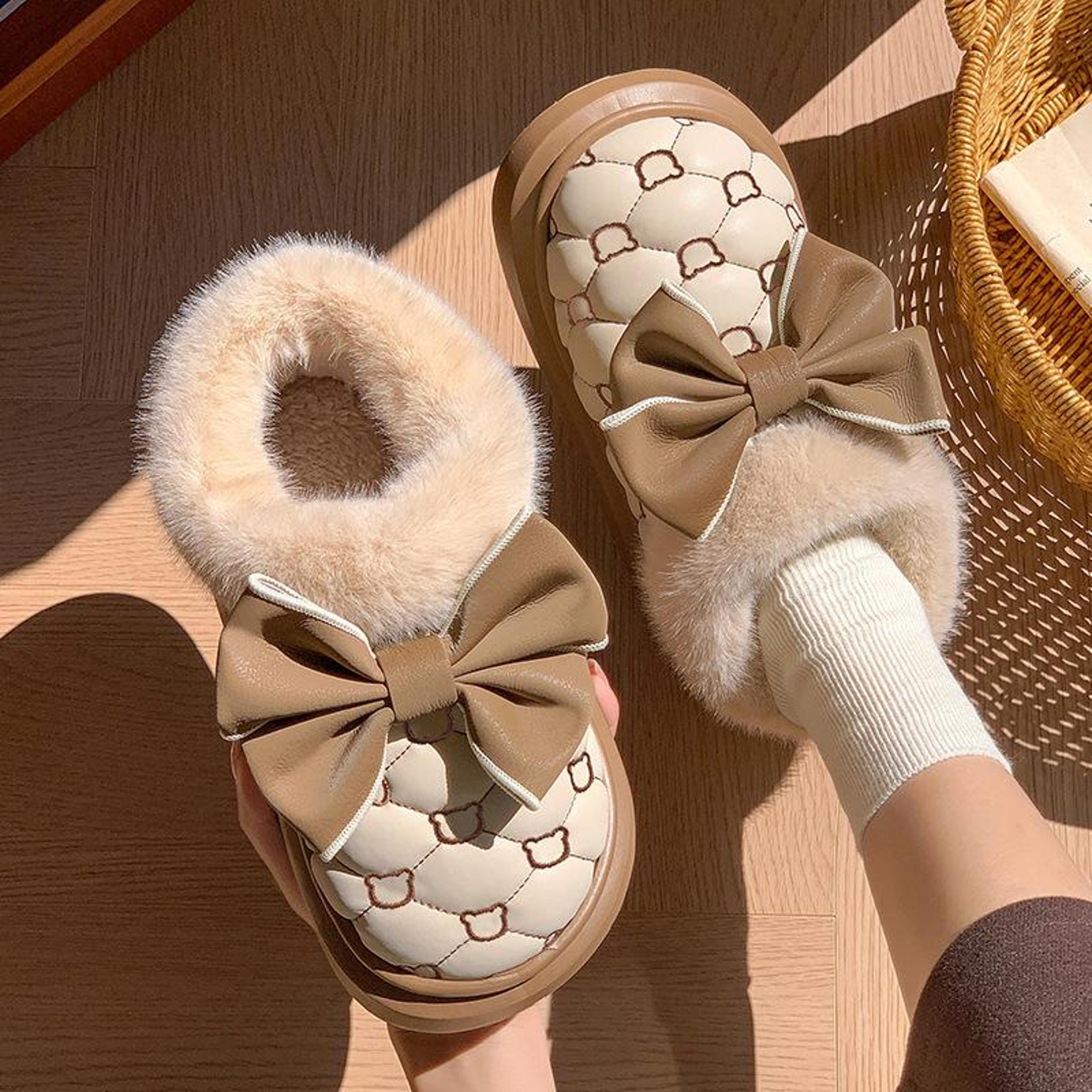 warm platform ankle boots, bowknot winter snow booties for women, indoor fluffy slippers, house flats fashion footwear