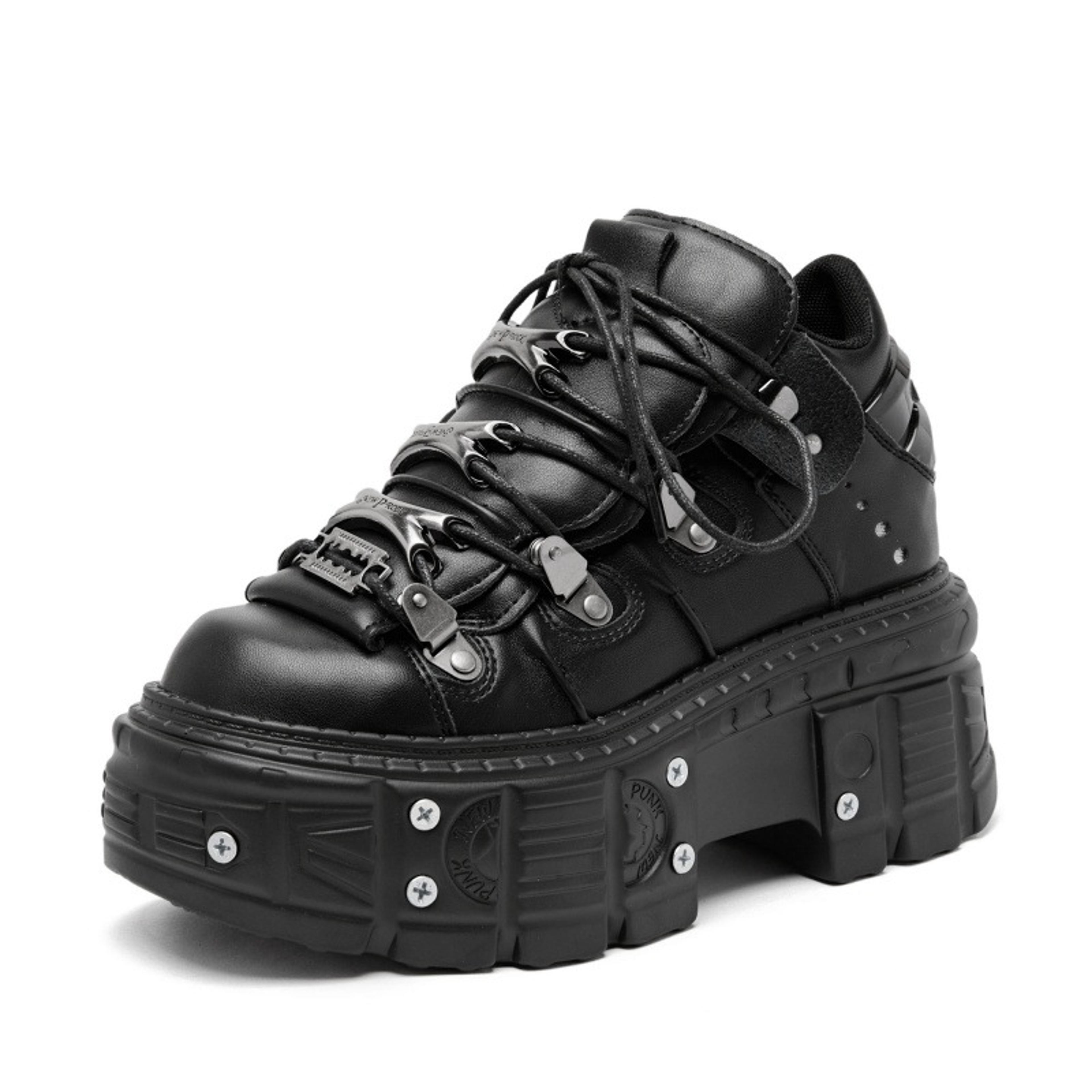 punk style women ankle boots, lace-up platform shoes, black rock metal decor, gothic heel height sneakers for women