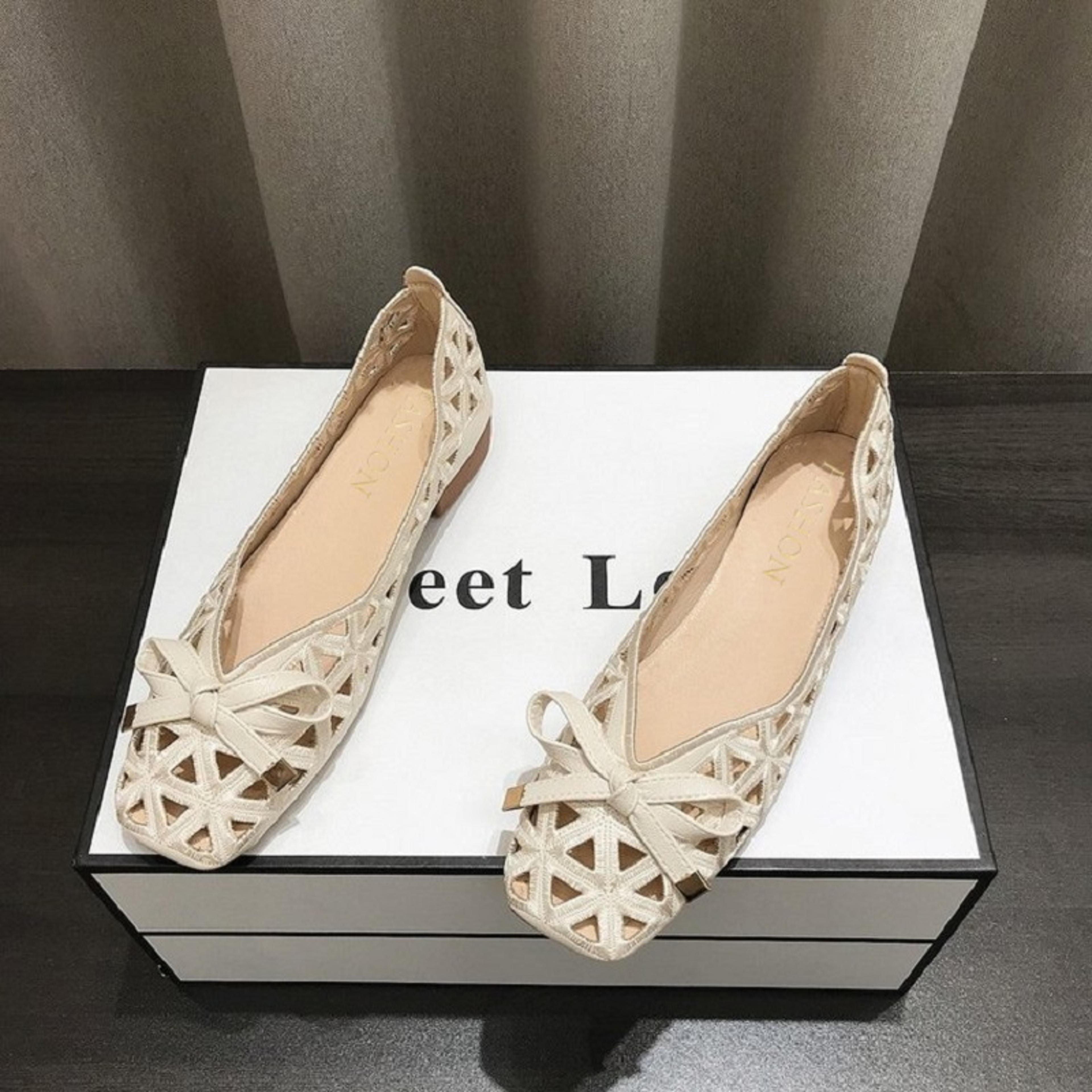 women french style bow flat sandals, geometric cut-out peep-toe beige summer shoes for dresses