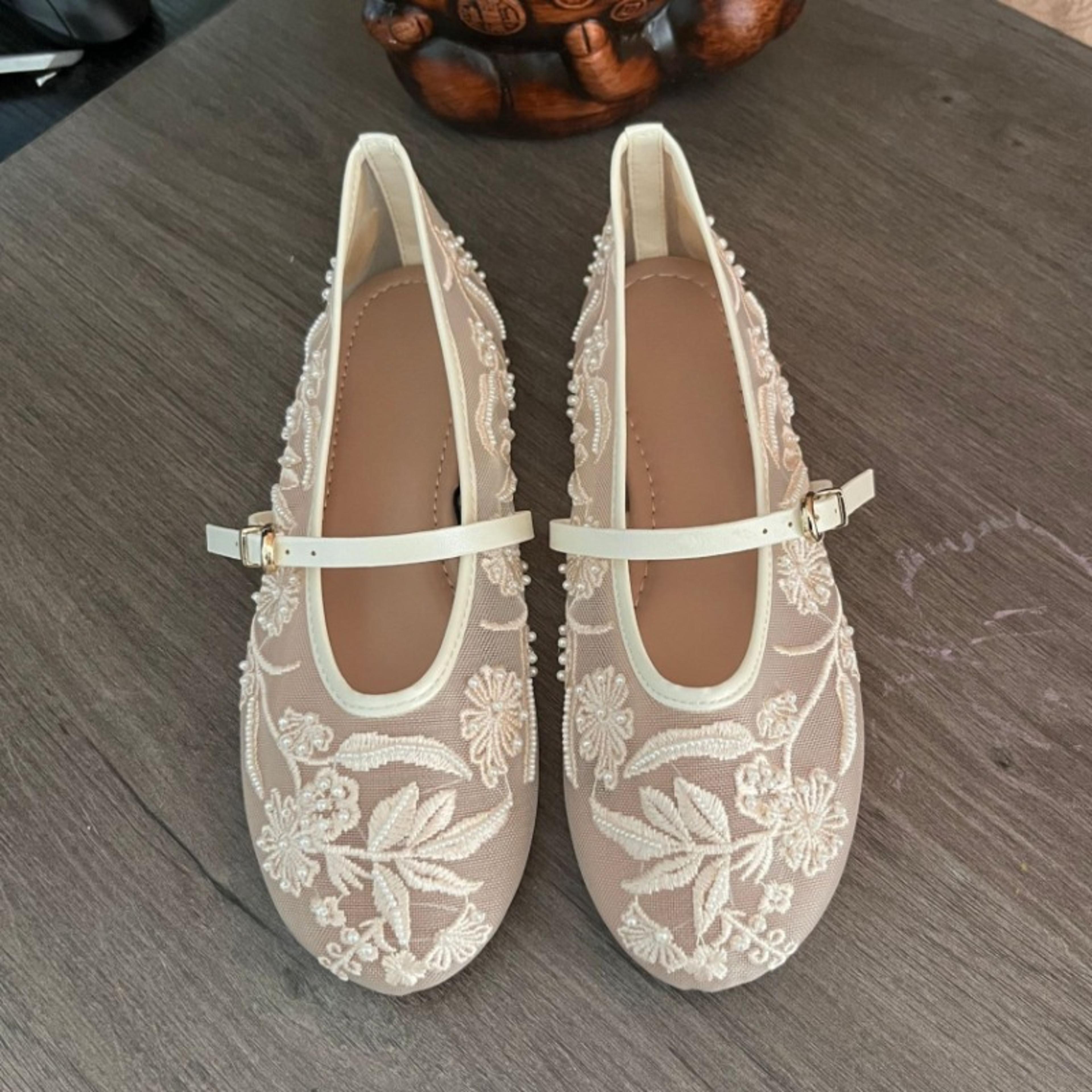 elegant white ballet flats, summer mary jane shoes, embroidered mesh, belt buckle strap designer ladies