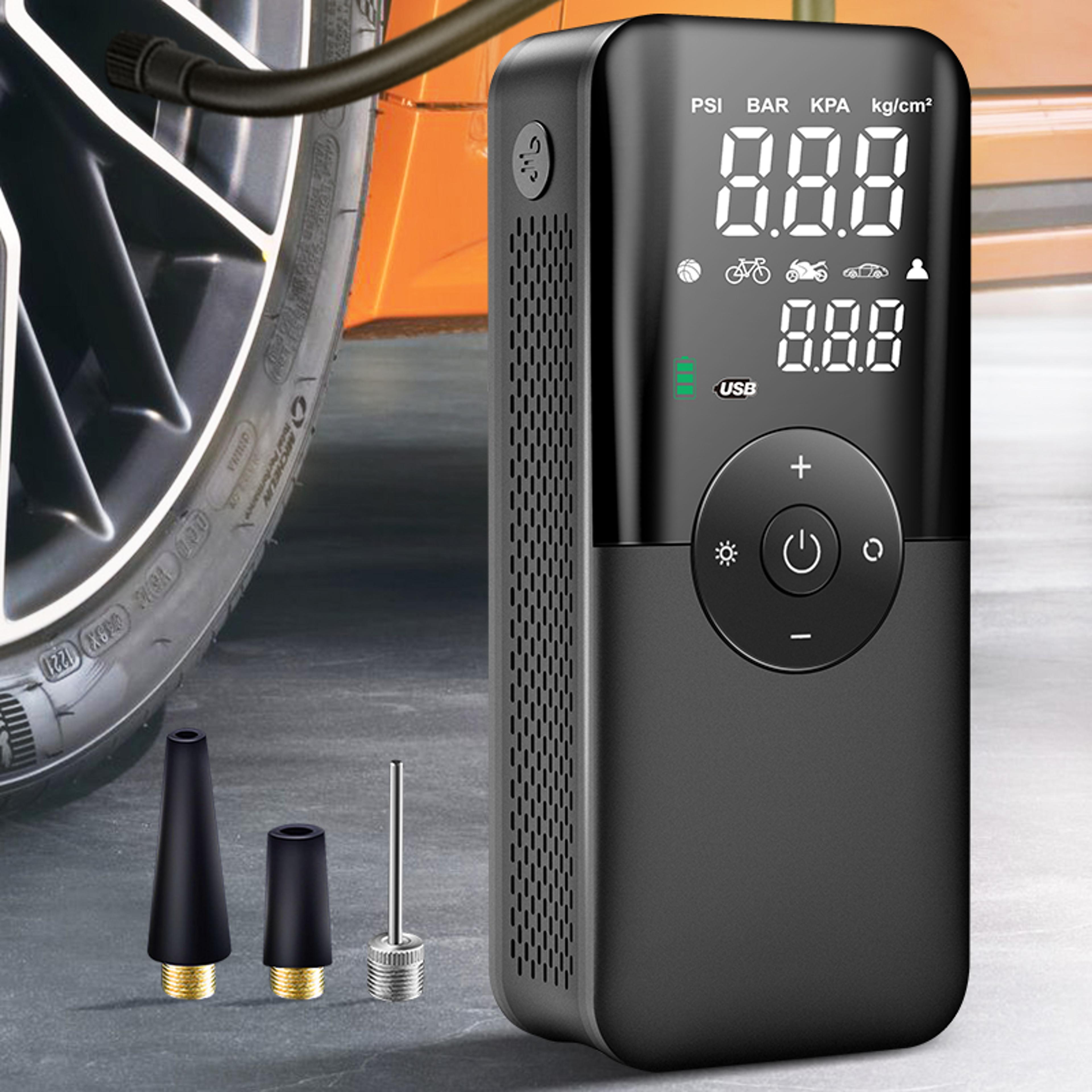 portable cordless air pump tire inflator, rechargeable digital compressor for car, motorcycle, bicycle, and sports balls