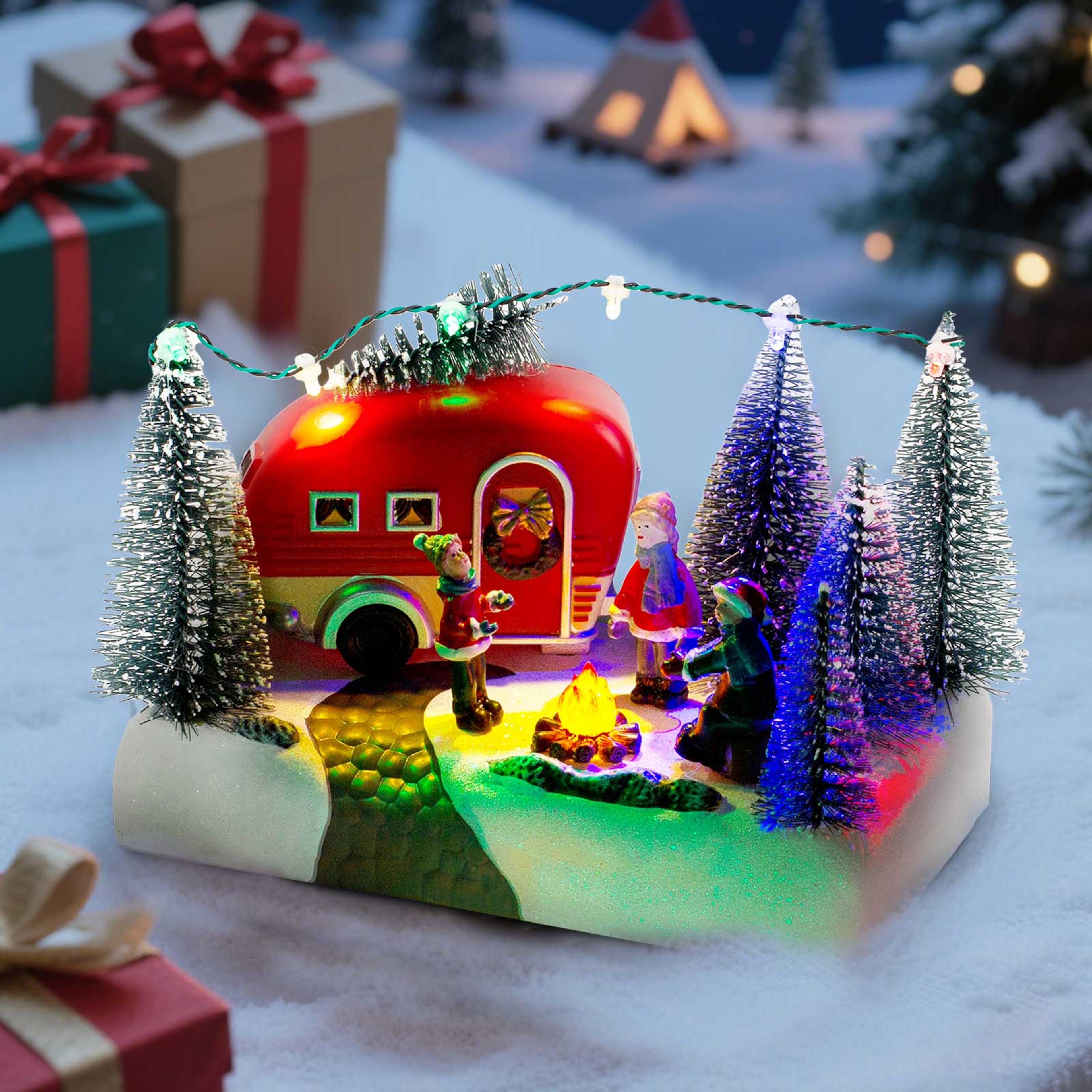 led light up village collection, christmas camper scene caravan figurine, indoor table decor, festive holiday home