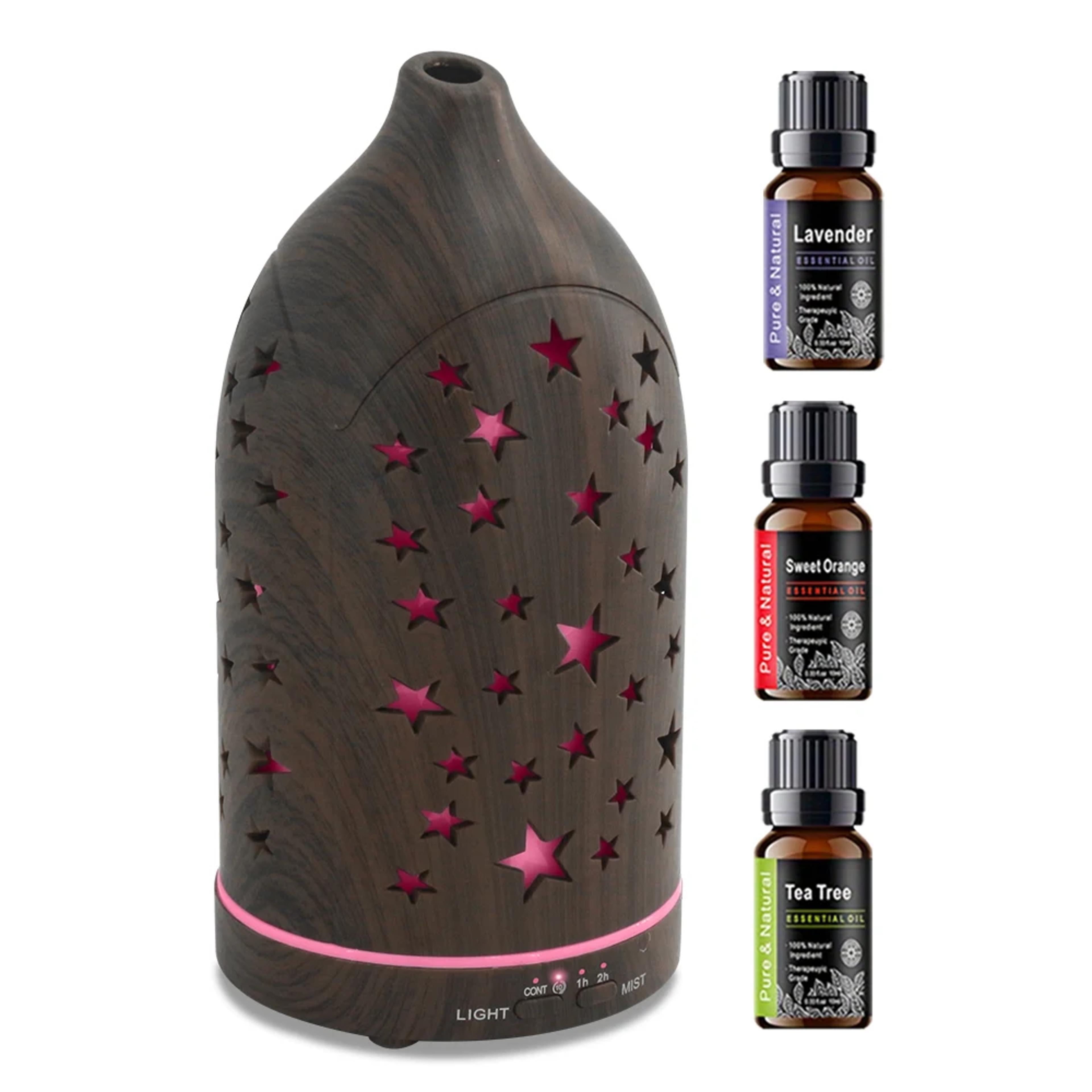 star hollow diffuser, whisper quiet essential oil diffuser, changing led lights, safe bpa-free, stylish aromathe