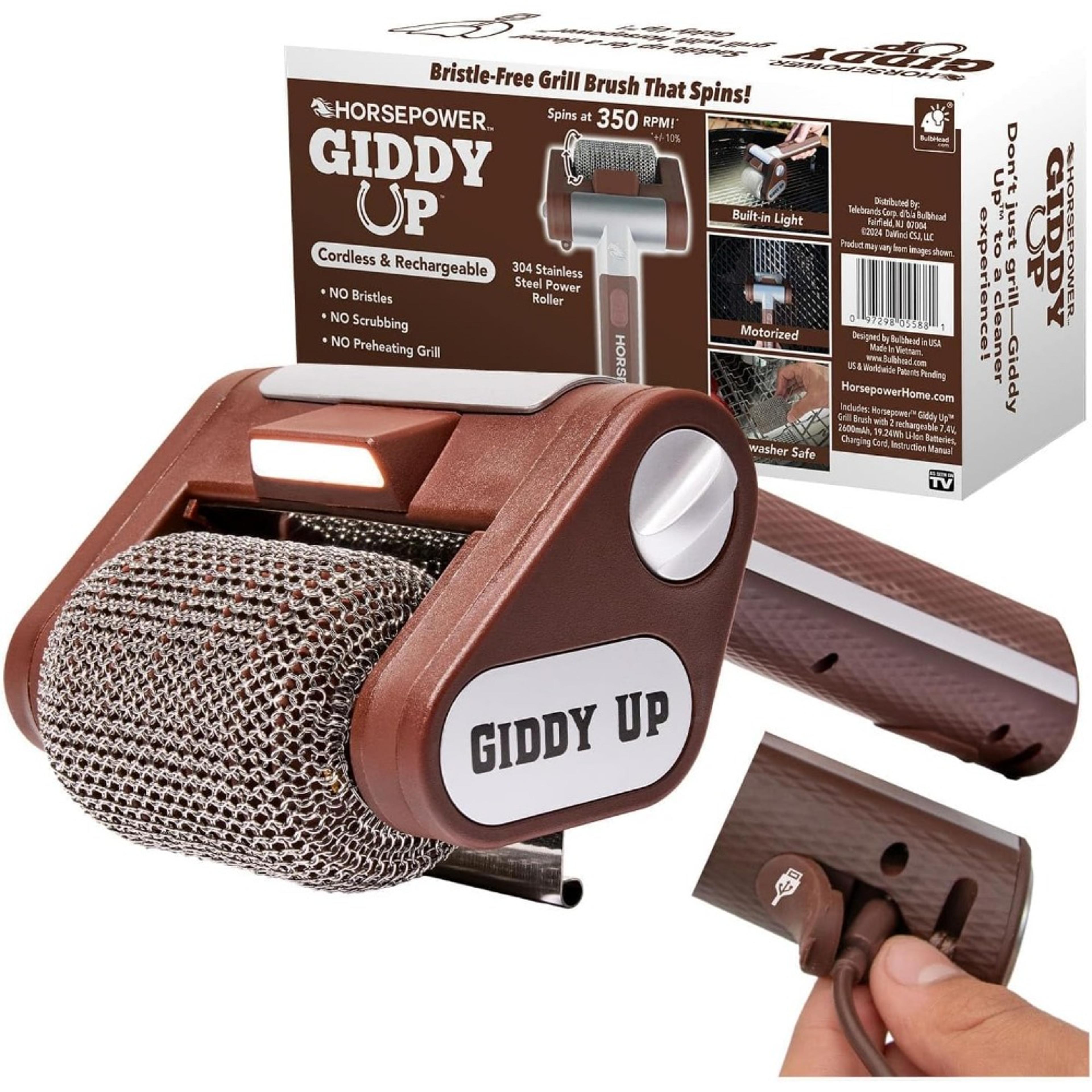 horsepower giddy up grill cleaner, cordless bbq tool, rechargeable, led light, stainless roller