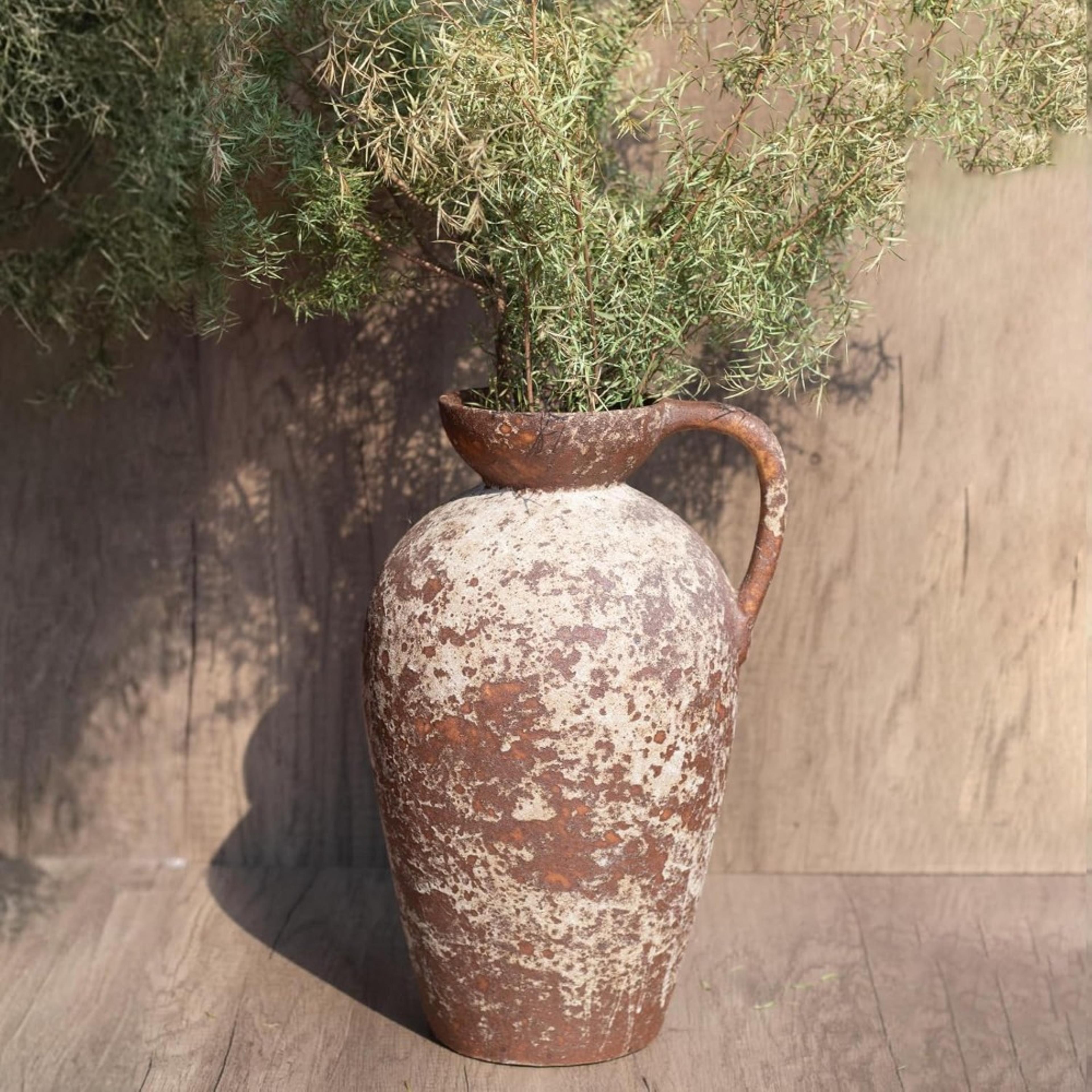 ceramic rustic farmhouse vase, distressed antique terracotta pitcher with handle, handmade pottery flower jug