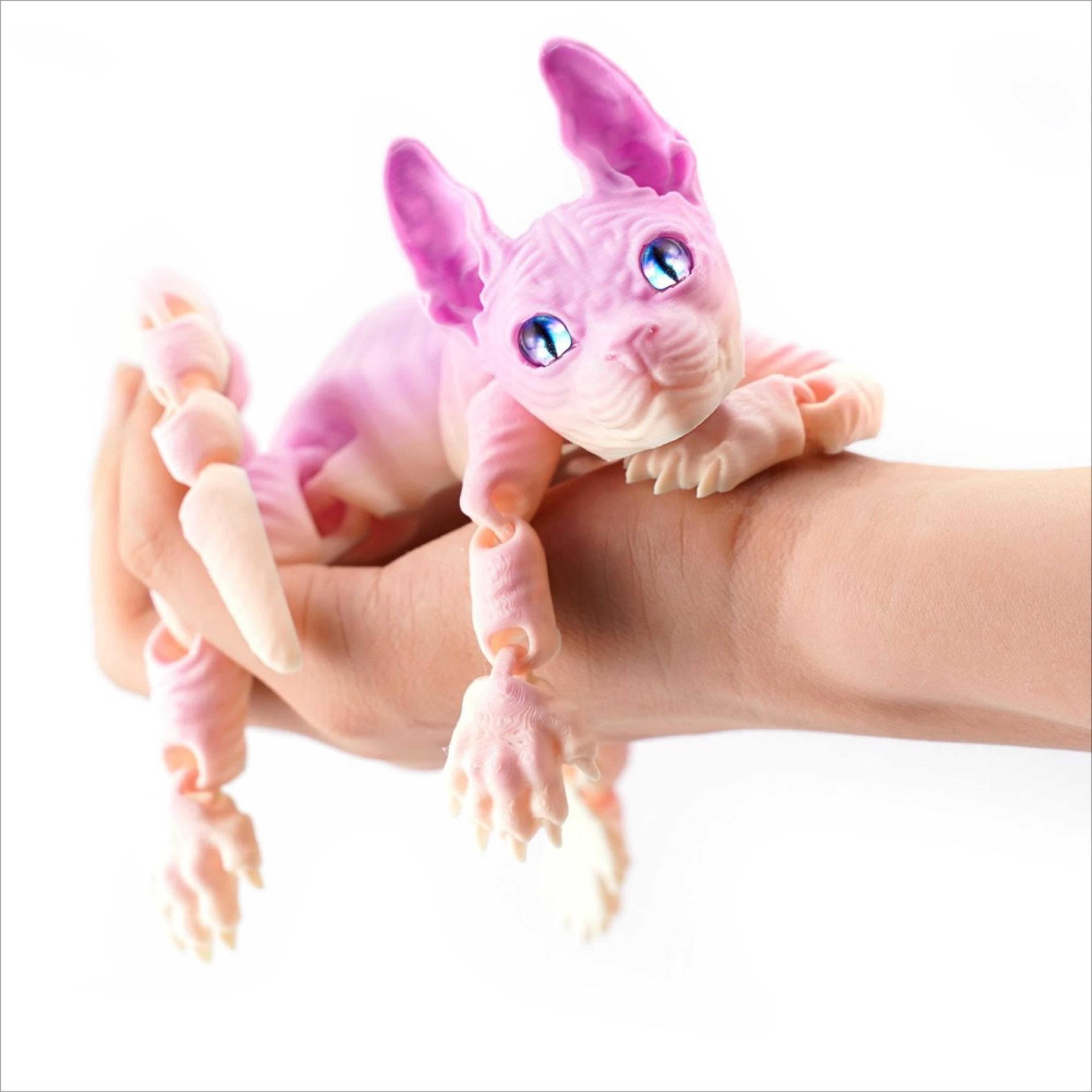 printed hairless sphynx cat figurine, realistic articulated cat toy, fidget toy for cat lover, collector home decoration