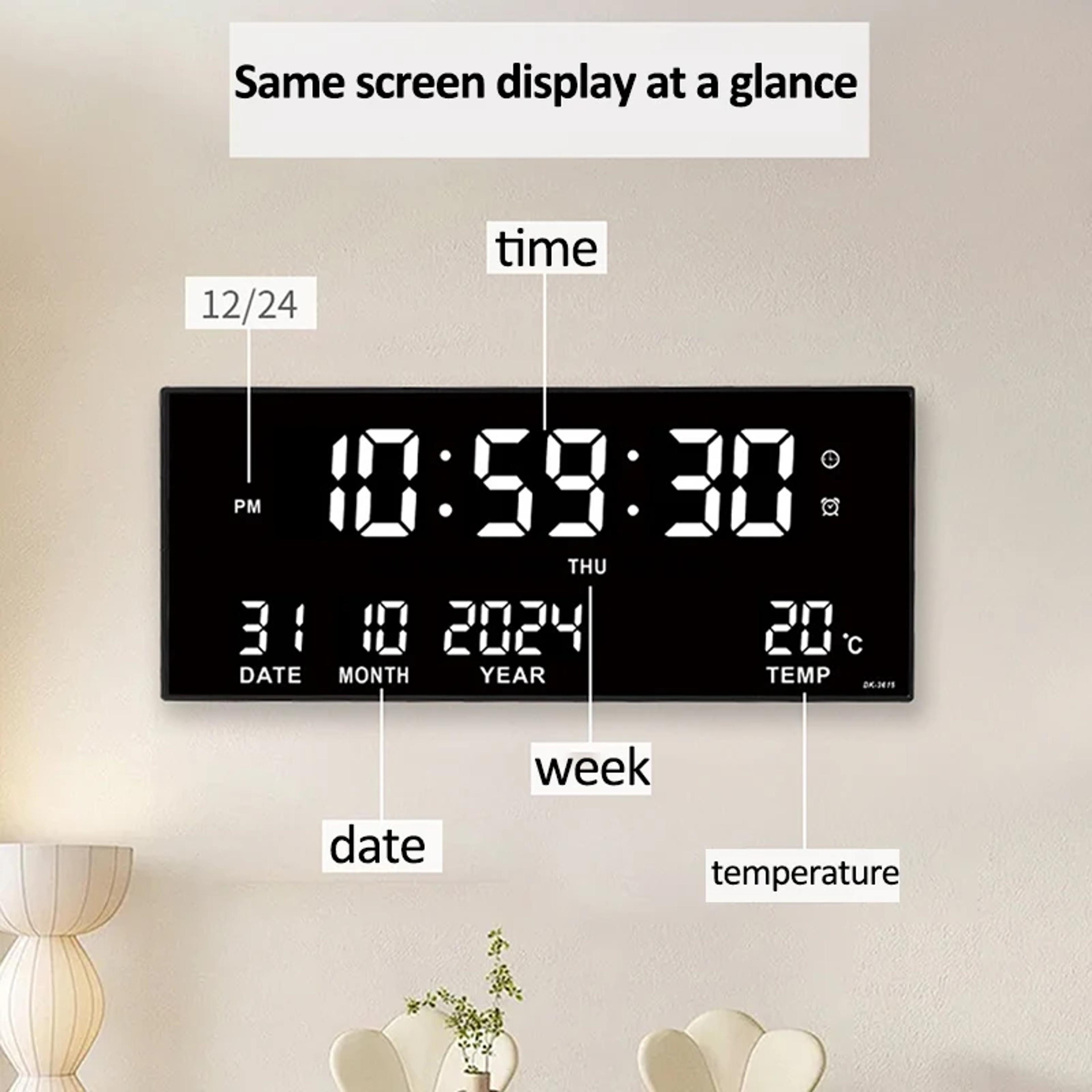 digital large wall clock, led display, alarm, temperature, date calendar, alarm settings, plug in electronic clock