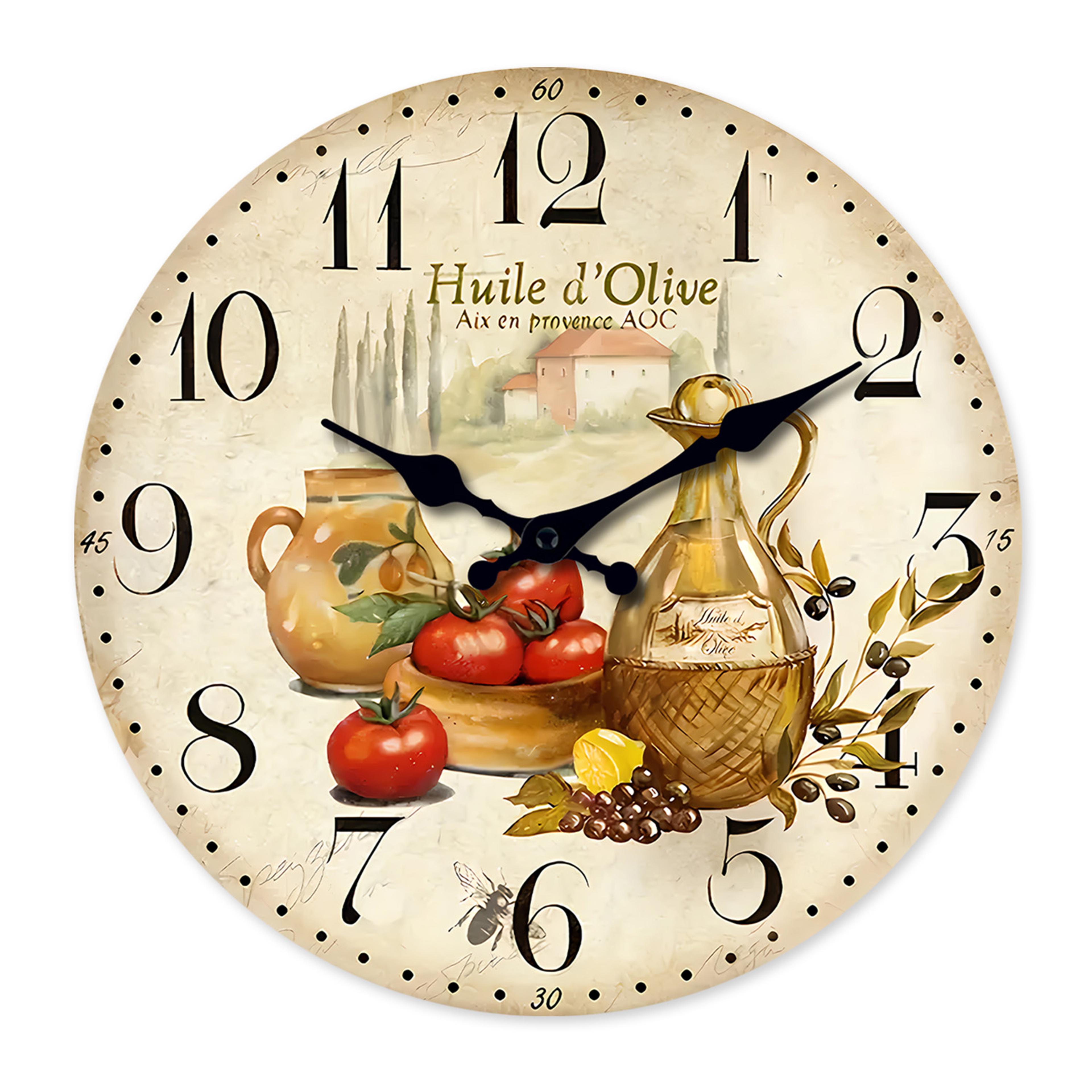 retro provence olive oil and tomato pattern wooden wall clock, silent quartz kitchen wall clock, rustic living room