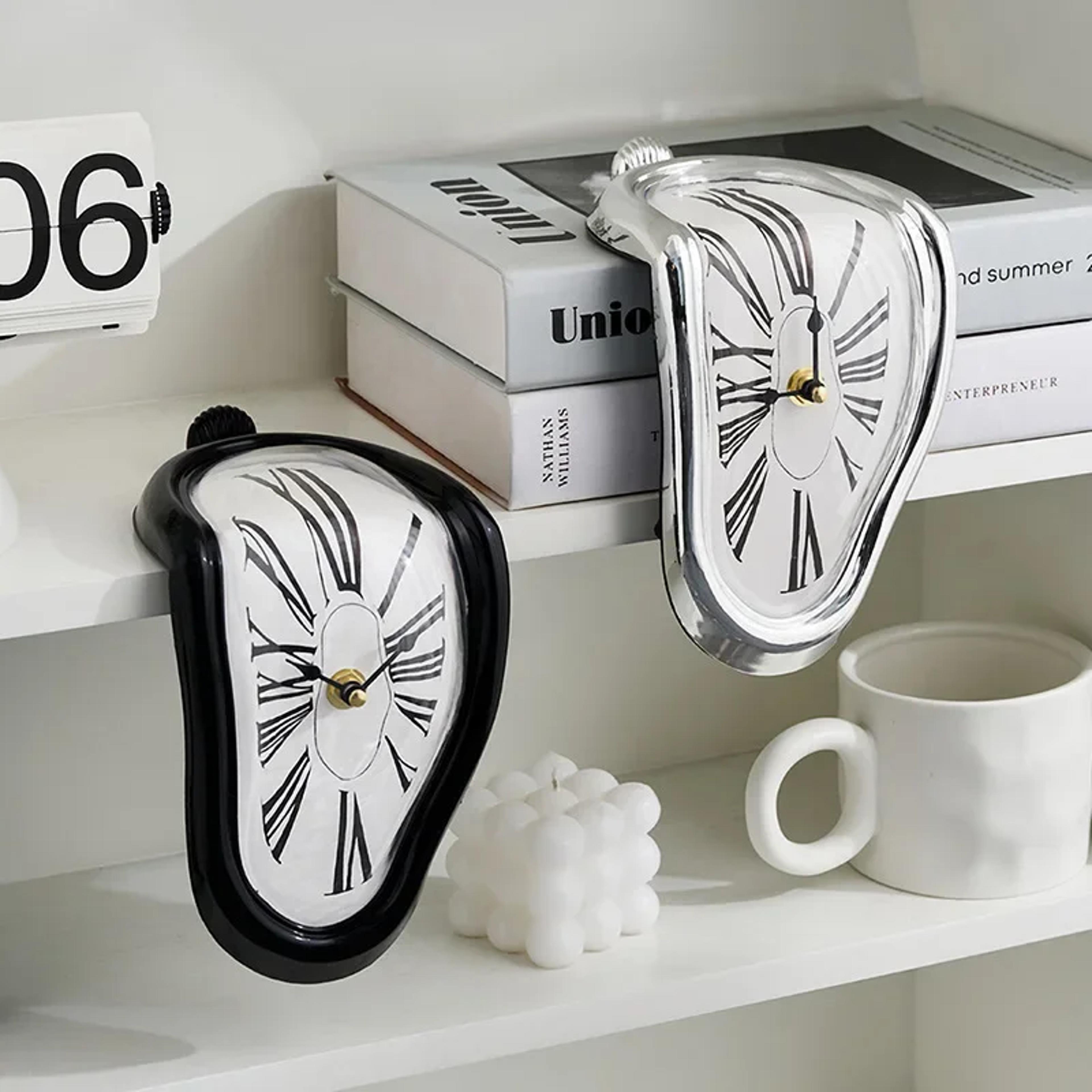novel surreal wall clock, salvador dali style, melting distorted home decoration, gift for garden and interior