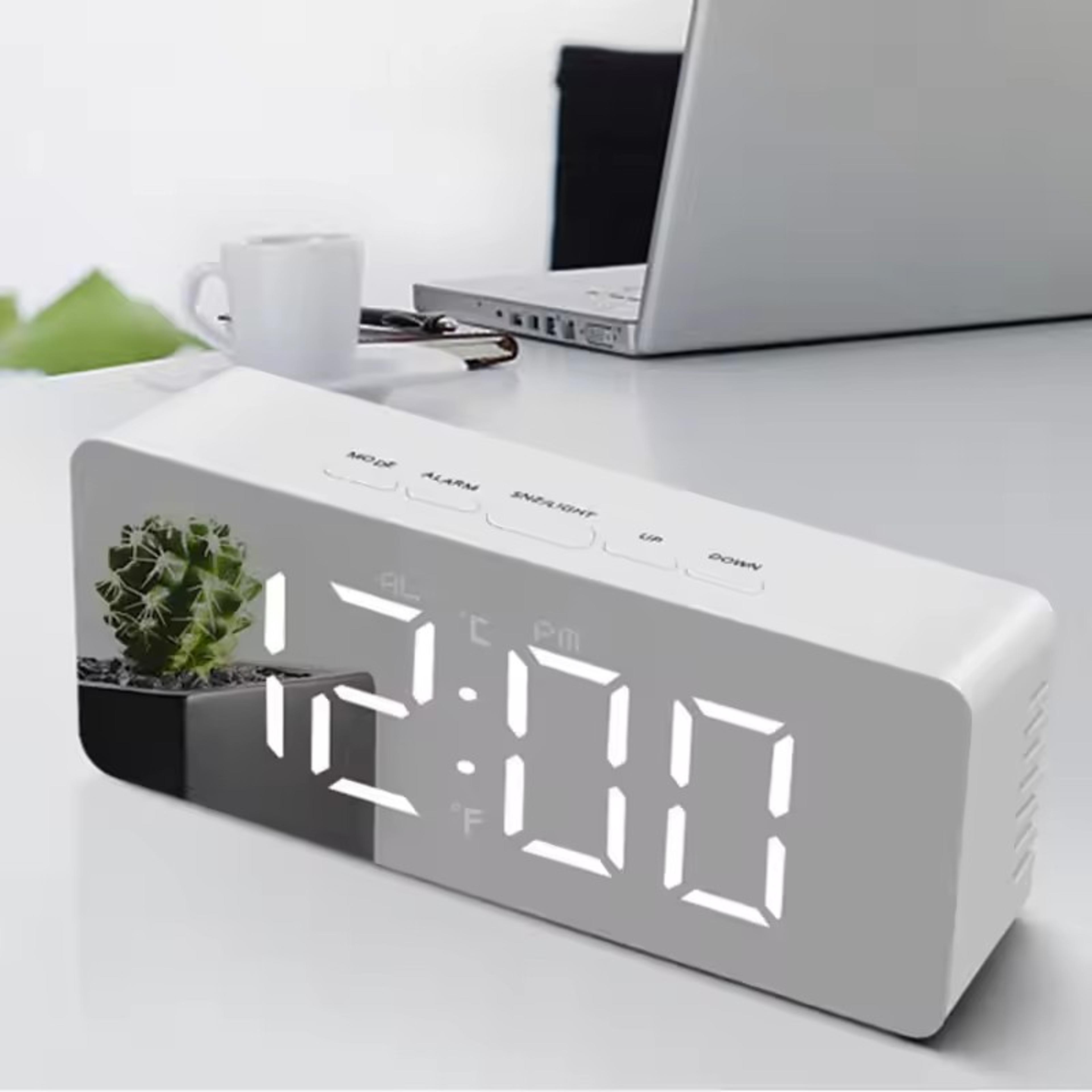 mirror led digital alarm clock, temperature display, smart night light, bedroom vanity office use
