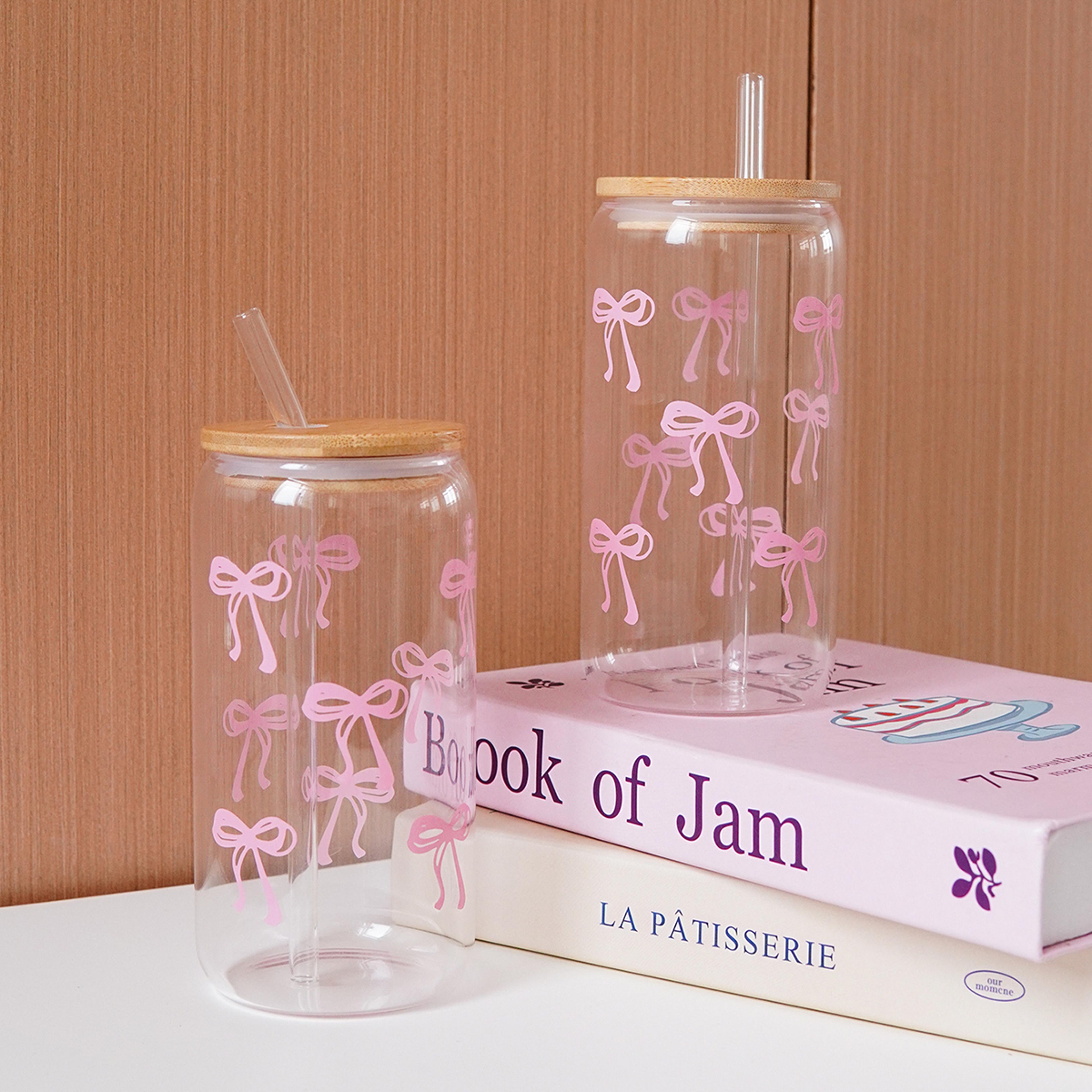glass bow printed cup, glass cup with lid and straw, exquisite high-end bow glass cup for home decoration, party, picnic