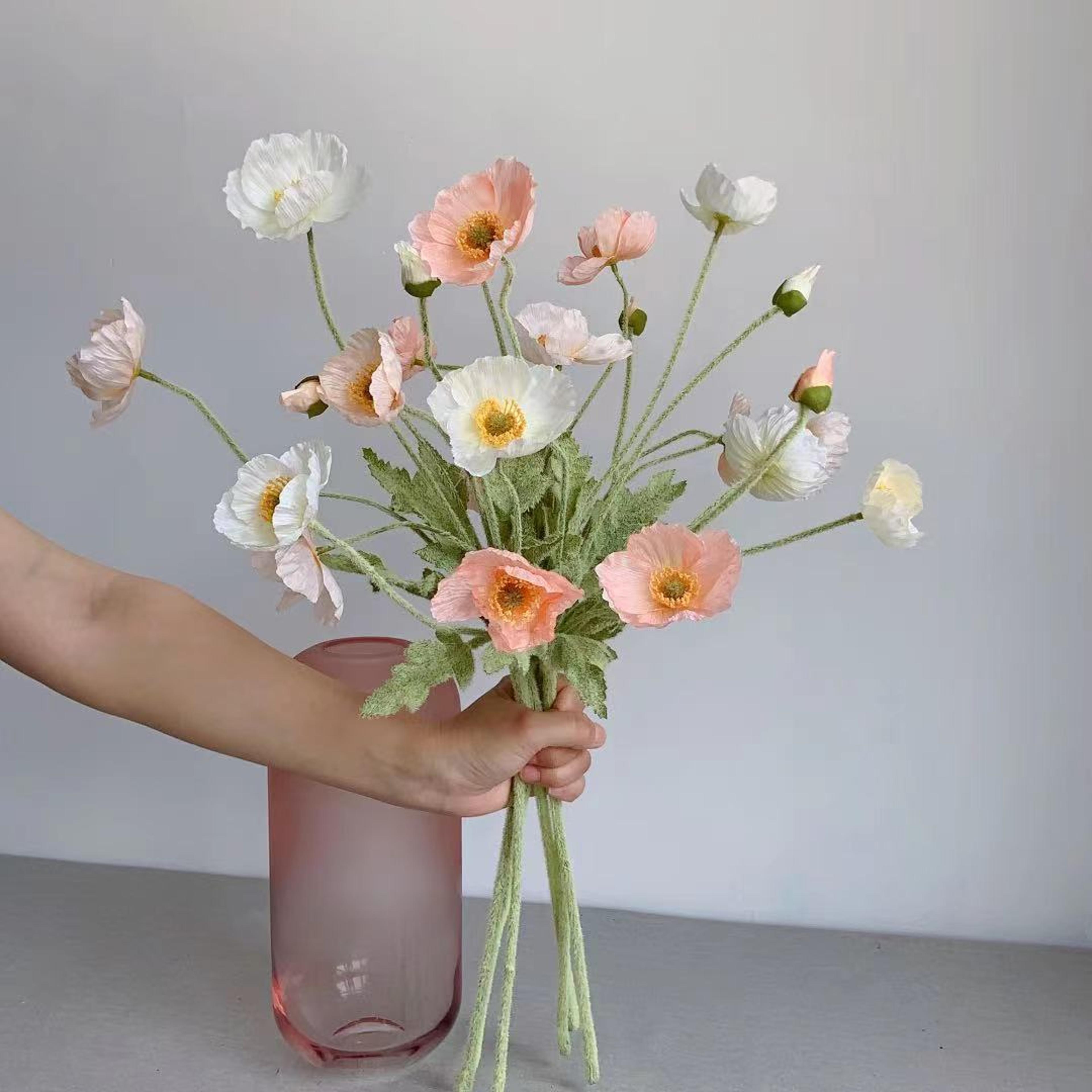 artificial flowers, fake poppy silk flowers, long stem wedding bouquet decor, housewarming garden table decor