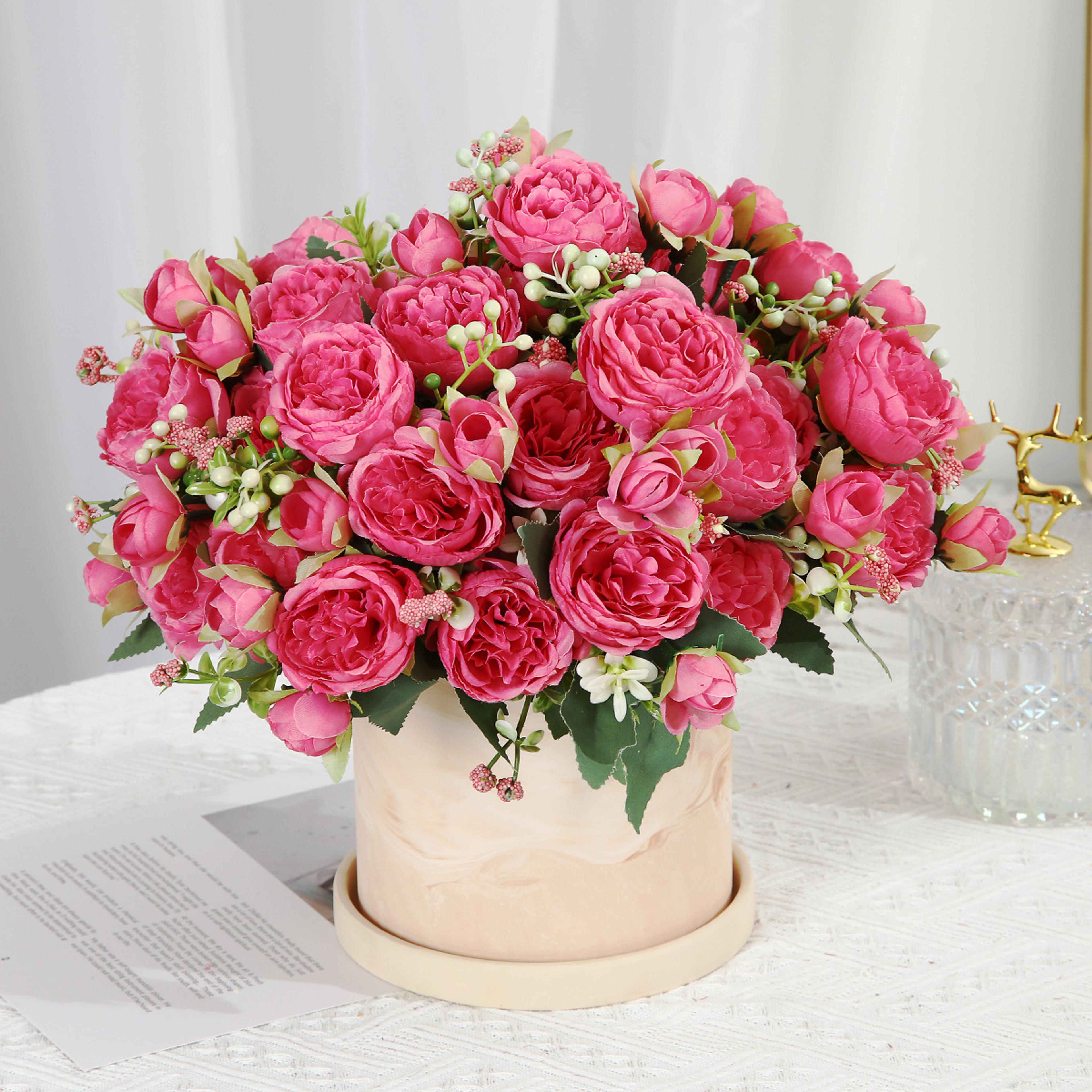 artificial flowers pink white rose bouquet, silk rose flower, home garden decoration wedding roses, fake flowers