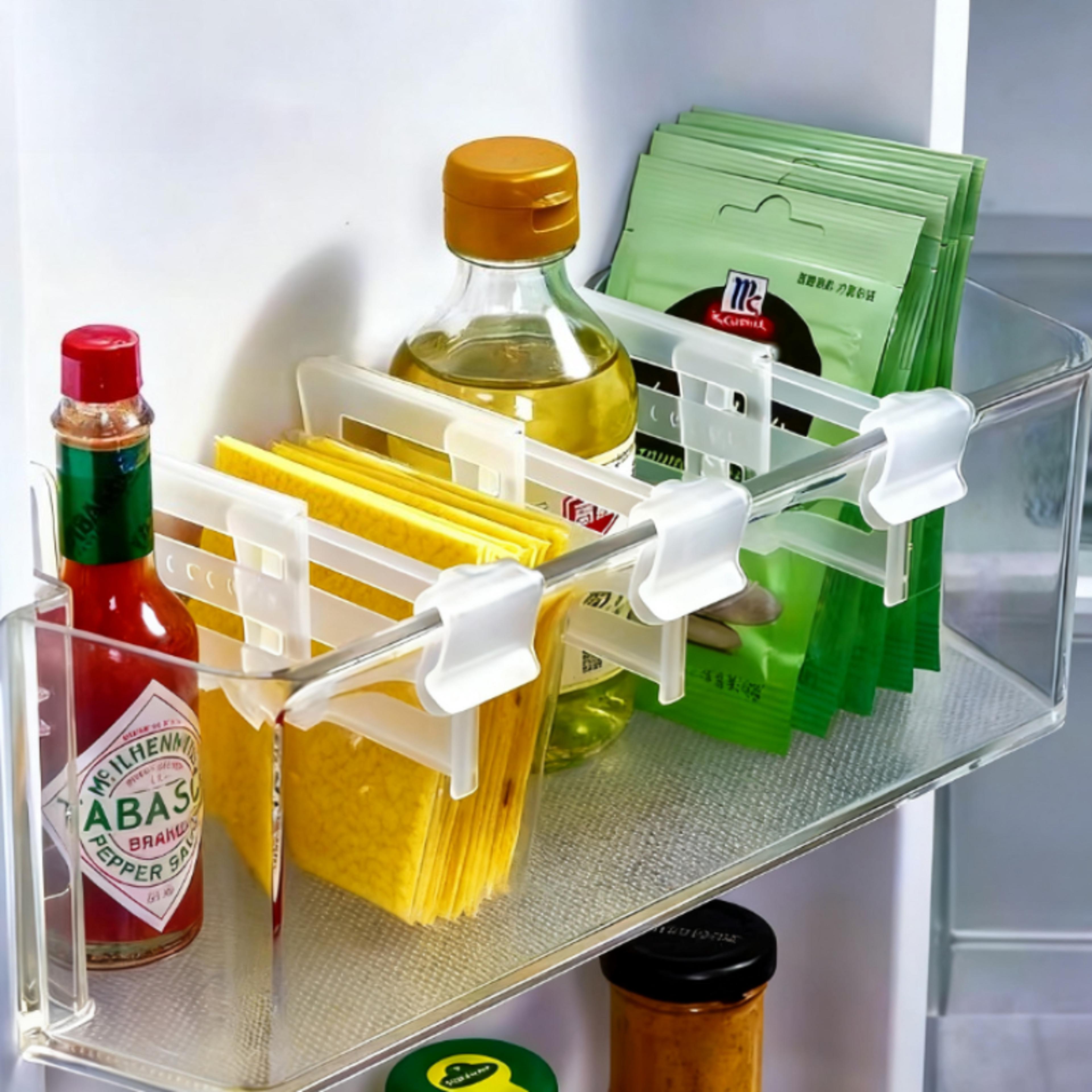 adjustable refrigerator space divider, expandable drink and sauce organizer, maximize fridge storage neatly arranged