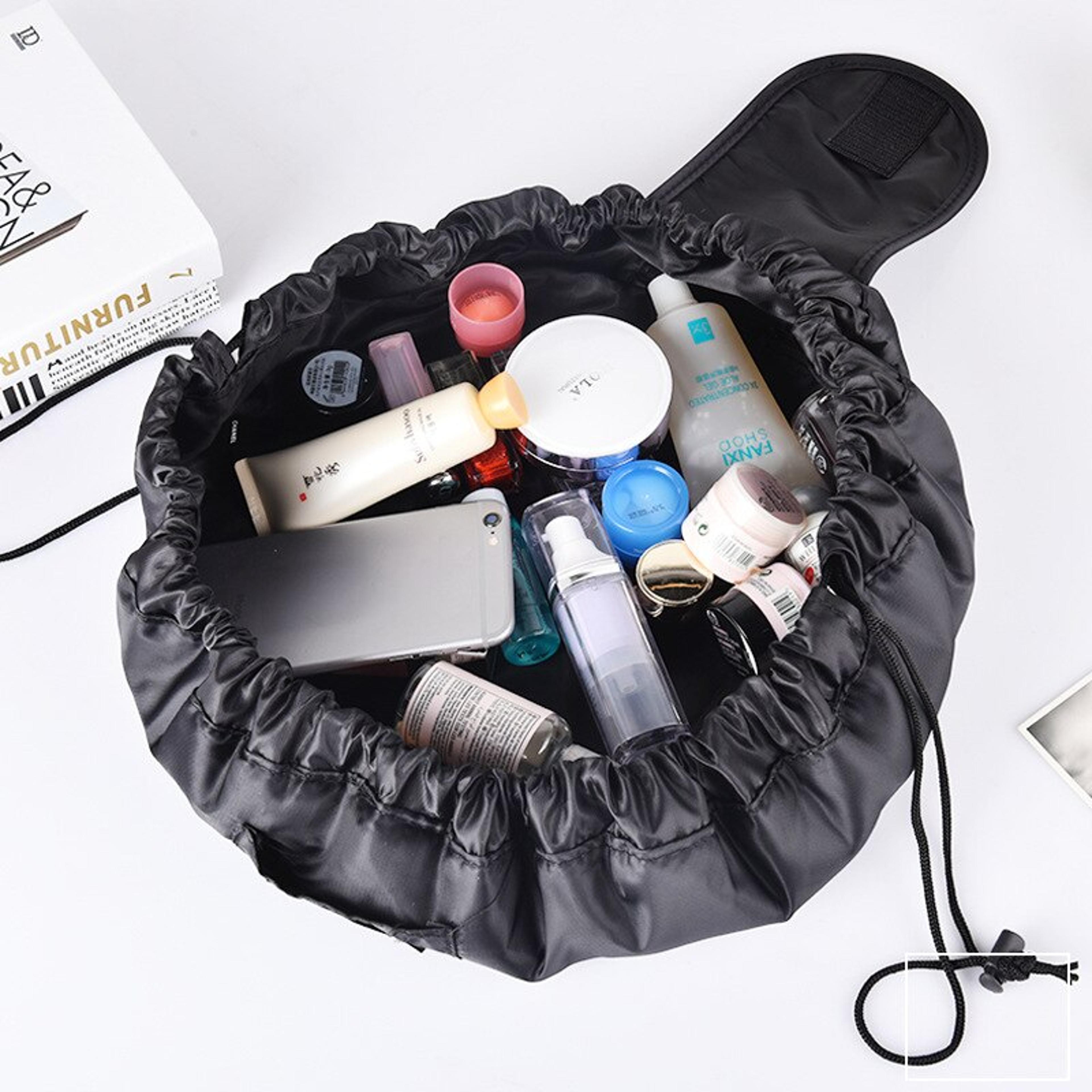 drawstring elastic makeup storage bag, women portable travel black large capacity handbag