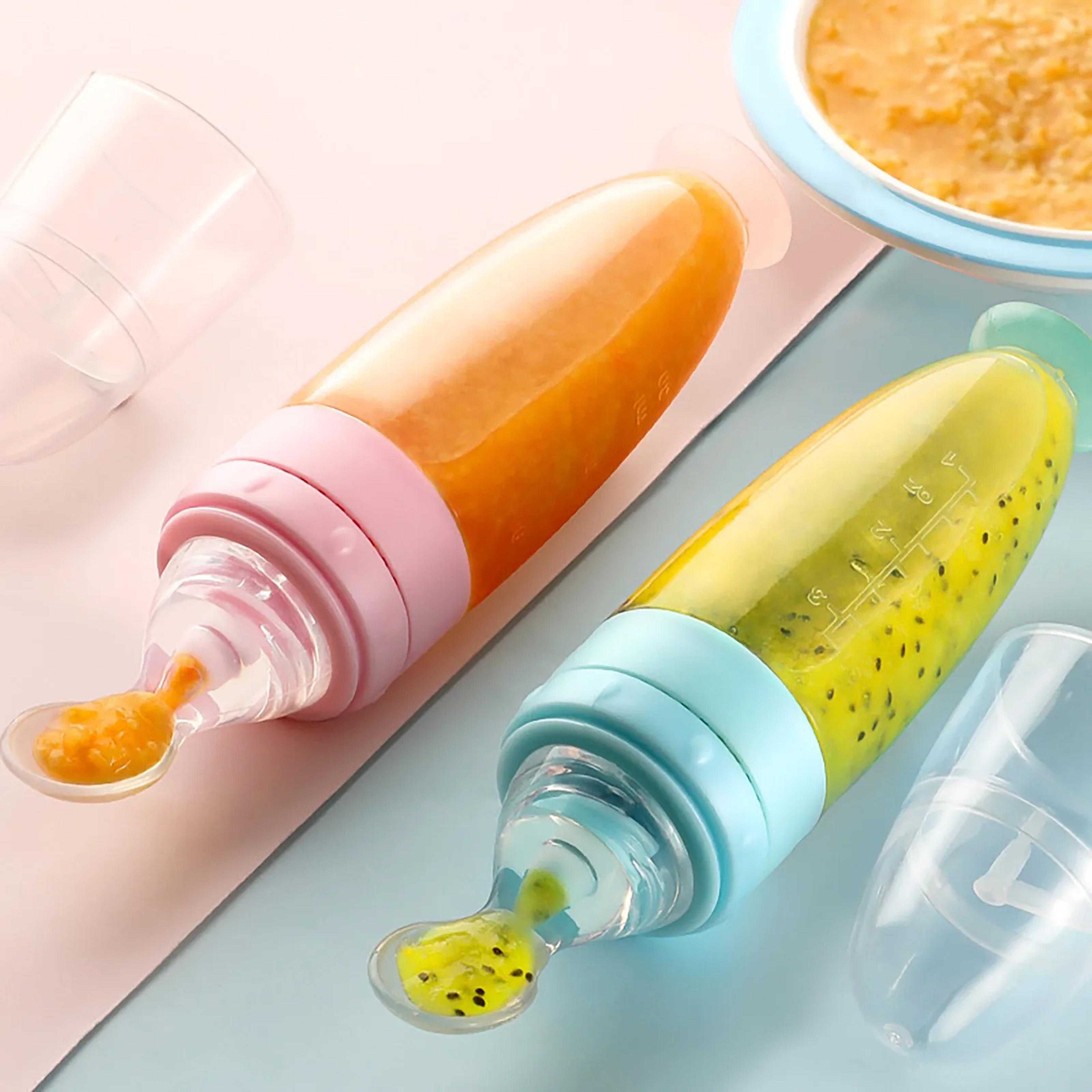 depressible silicone bottle feeding safe baby feeding, spoon squeeze training feeder for toddlers