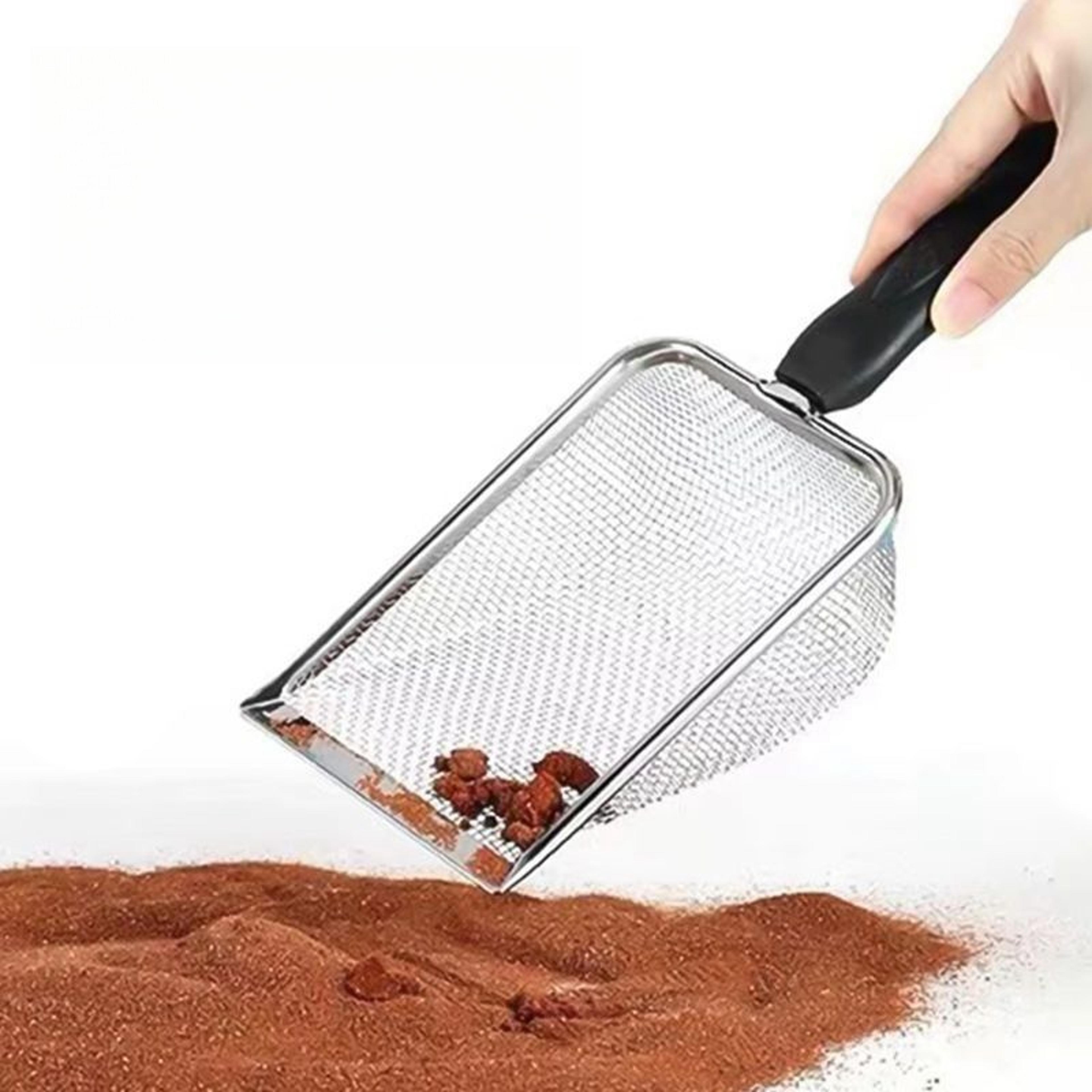 cat litter shovel with plastic handle, small hole large artifact with leaking spoon, stainless steel shovel