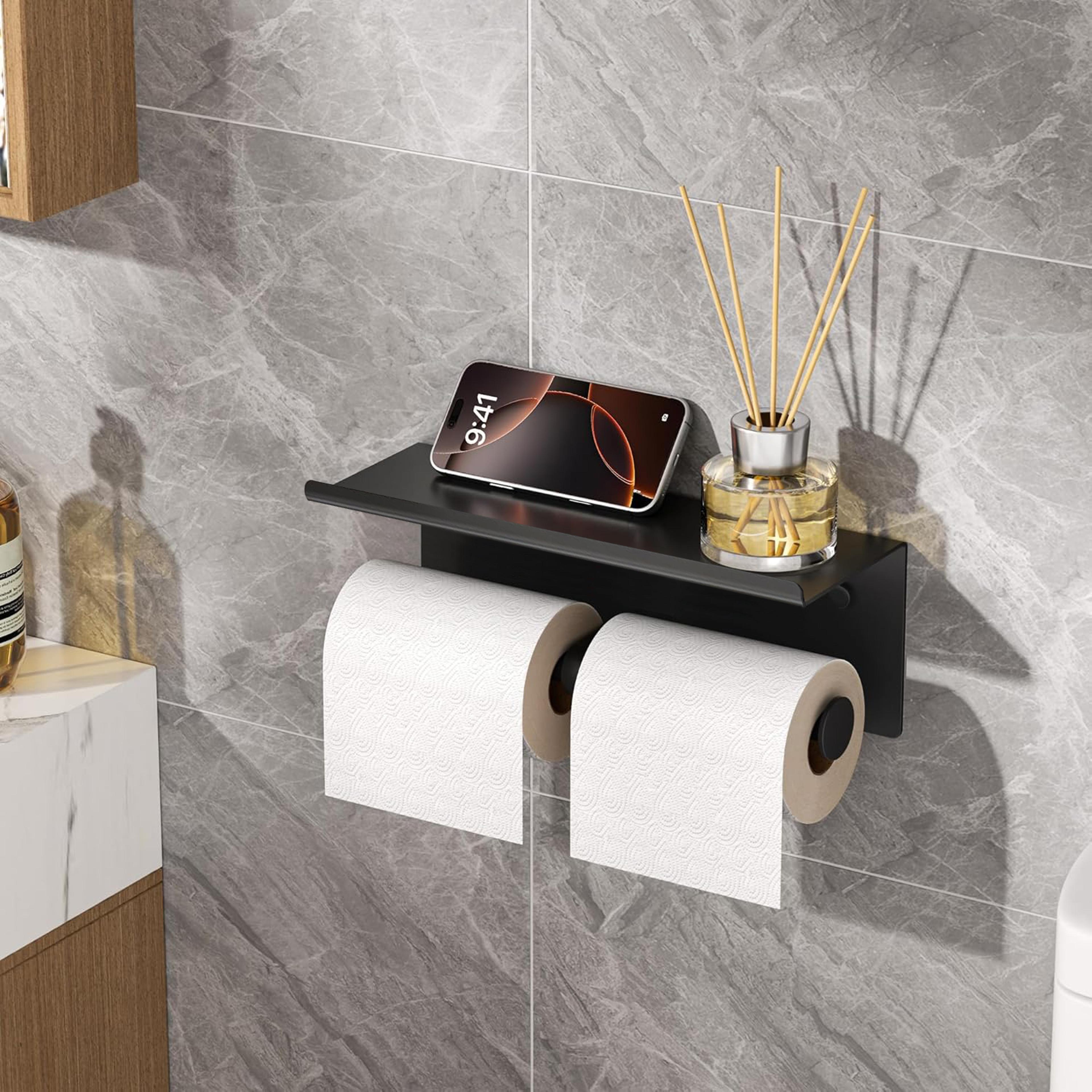 stainless steel toilet paper holder, double roll tissue holder with shelf for bathroom, wall mounted washroom storage