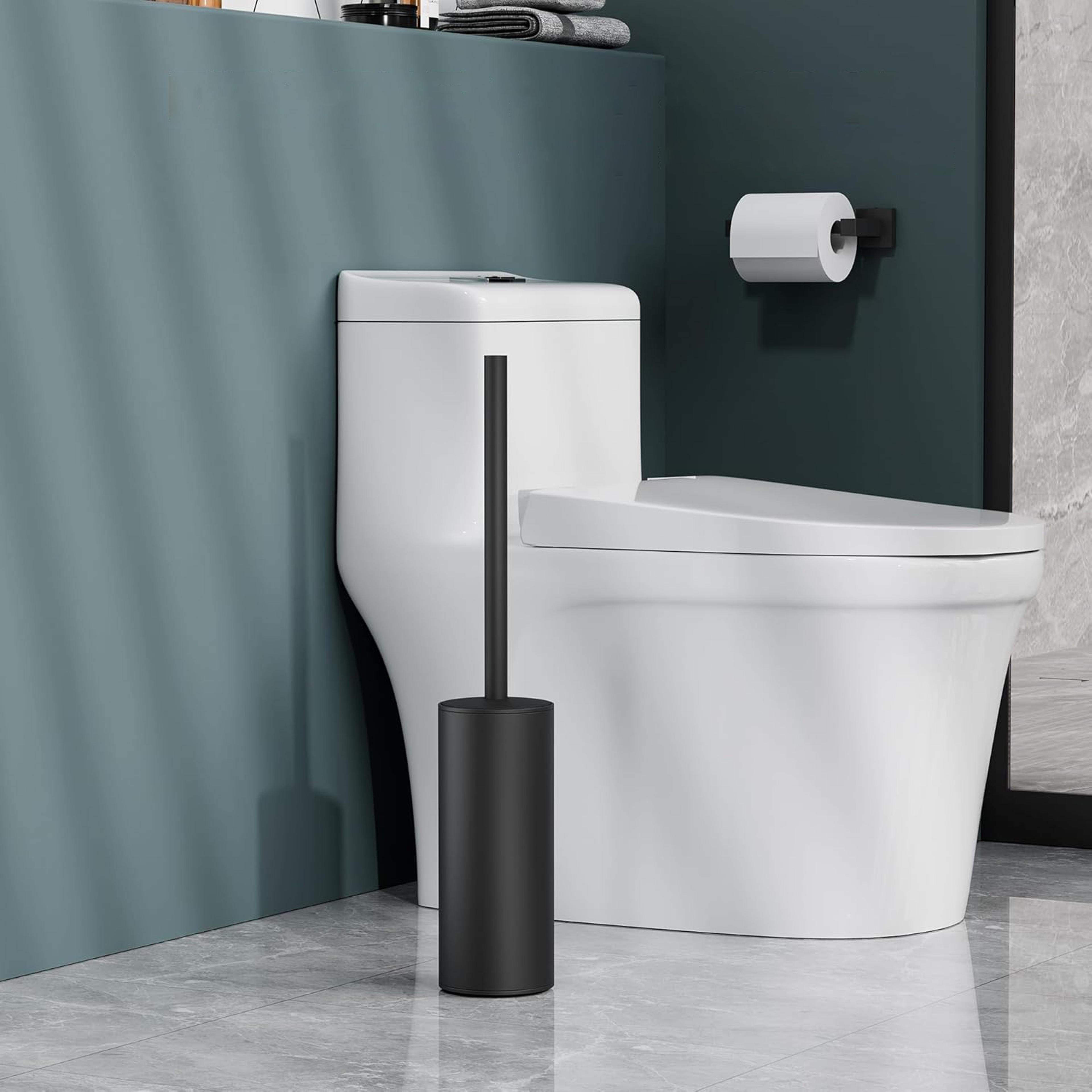 vertical matt black toilet brush holder, stainless steel cleaning tool, floor-standing toilet brush set for bathroom