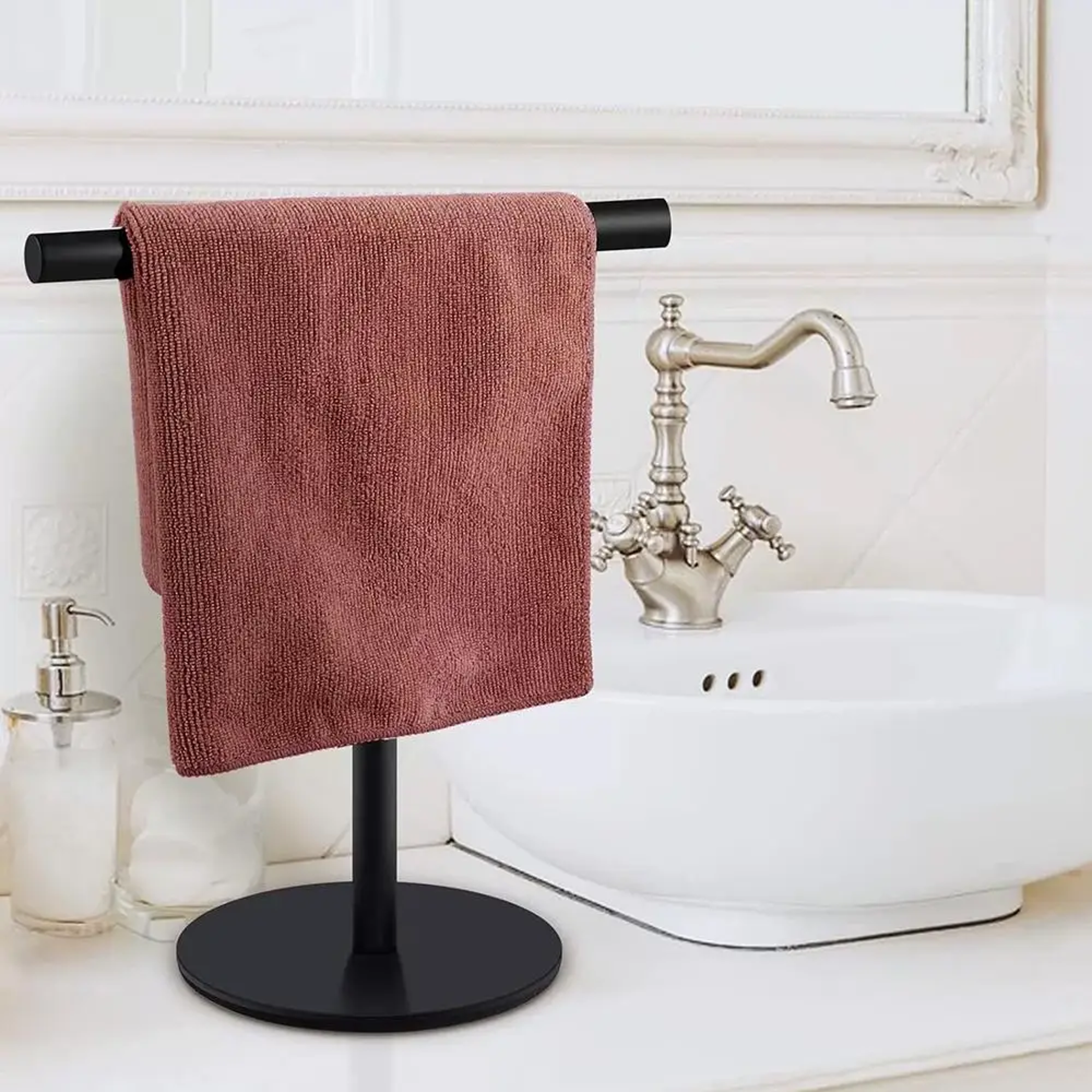 modern hand towel holder t-shape standing, towel rack countertop organizer for bathroom kitchen